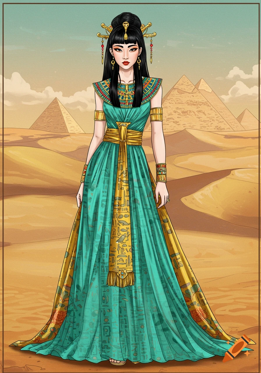 Cartoon illustration of a woman in an ornate teal and gold ancient Egyptian-inspired gown and headdress, standing in a desert with pyramids.