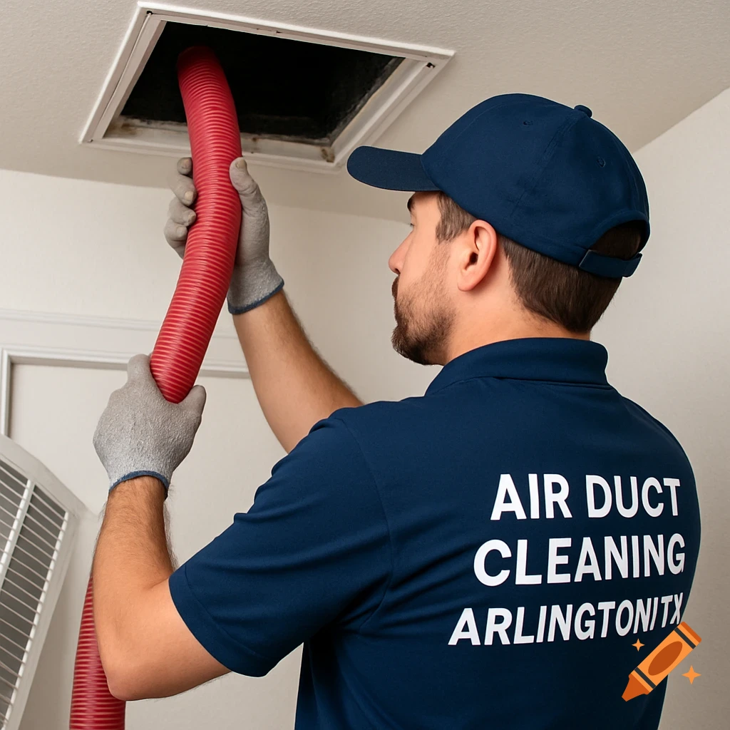 A man in a blue uniform shirt and cap, wearing gloves, inserts a red flexible hose into an air duct opening in a ceiling. His shirt reads "AIR DUCT CLEANING ARLINGTON TX".