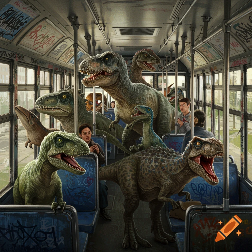 Realistic dinosaurs, including T-Rex and raptors, riding inside a graffiti-covered public bus with startled human passengers, appearing photorealistic.