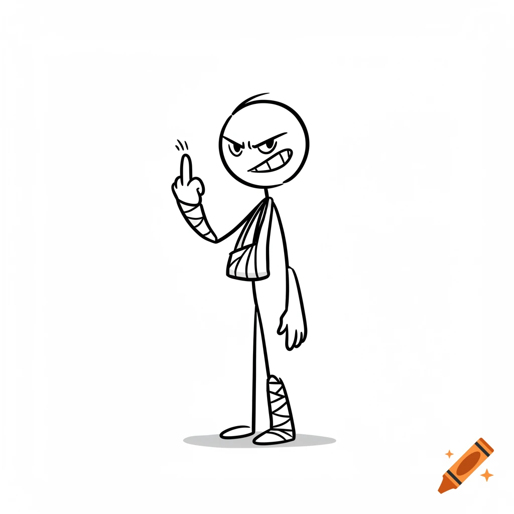A defiant stick figure with a bandaged leg, arm in a sling, and a smirk, raising its middle finger, in minimalist line art on a white background.