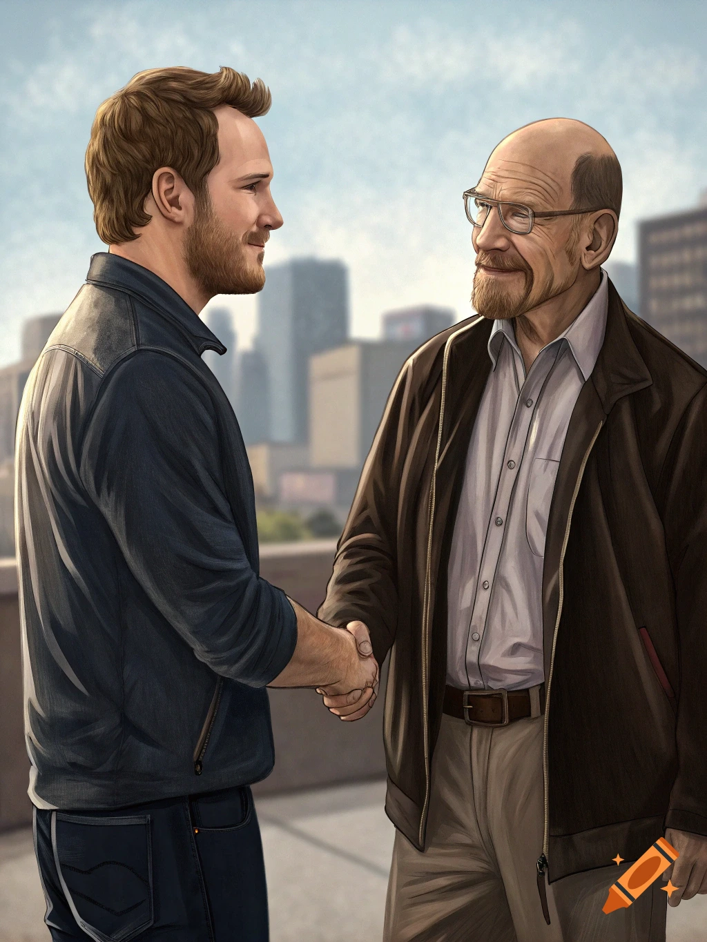 Two men, resembling Chris Pratt and Walter White, shake hands in an illustrative style with a city background.