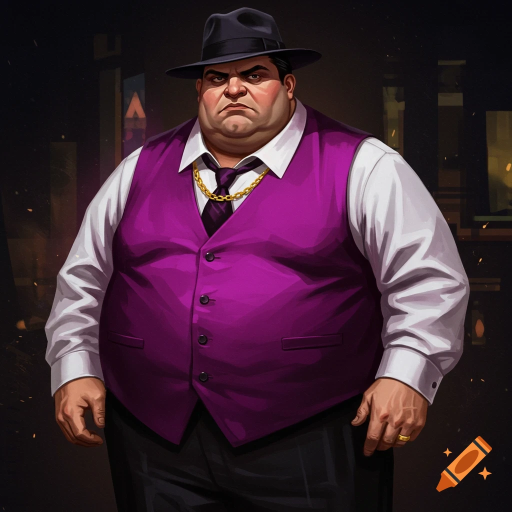 A digital painting of a stern, heavy-set man in a purple vest, white shirt, black tie, and dark snap-brim hat.