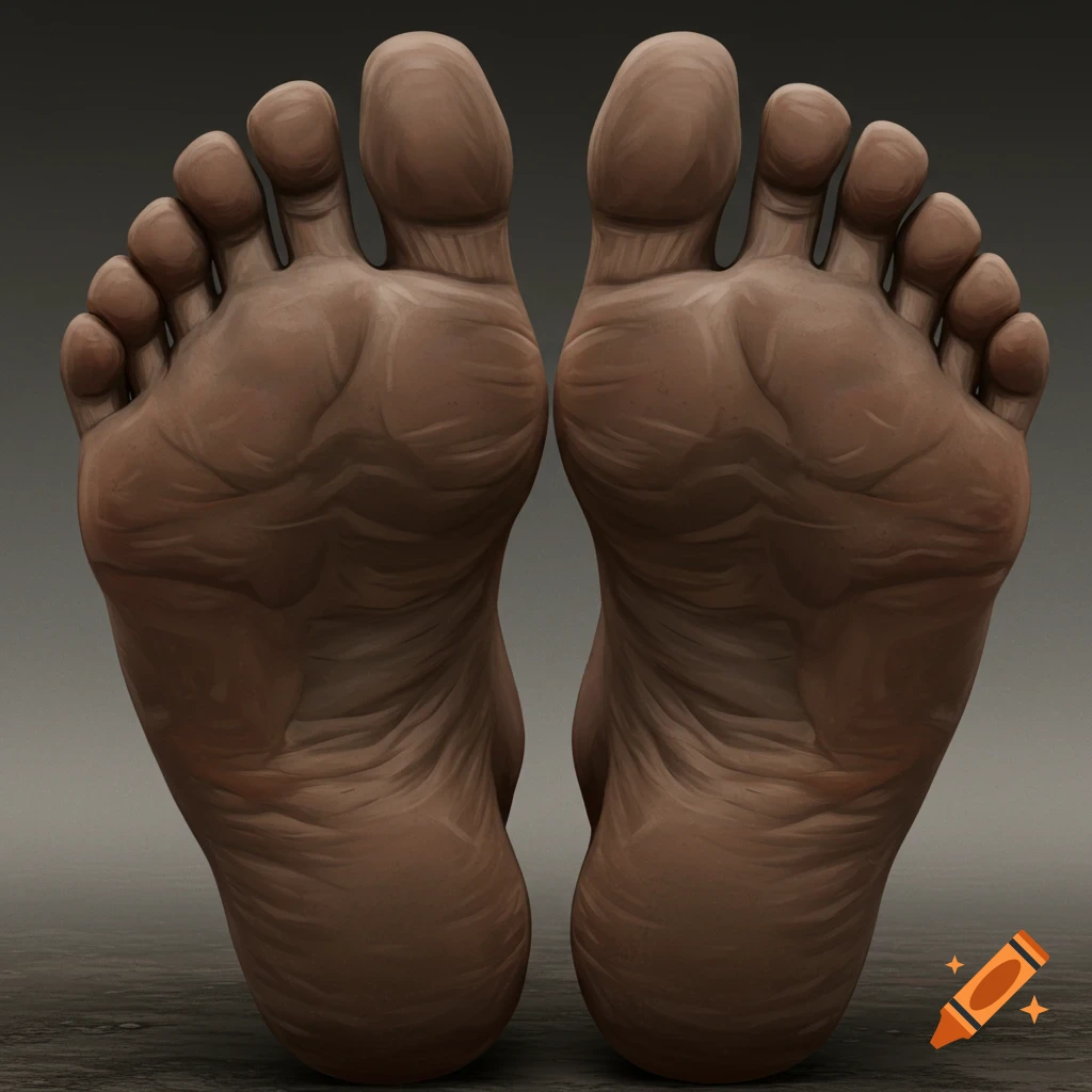 Close-up of the soles of two dark-skinned feet, large and wide with visible wrinkles, against a dark background.