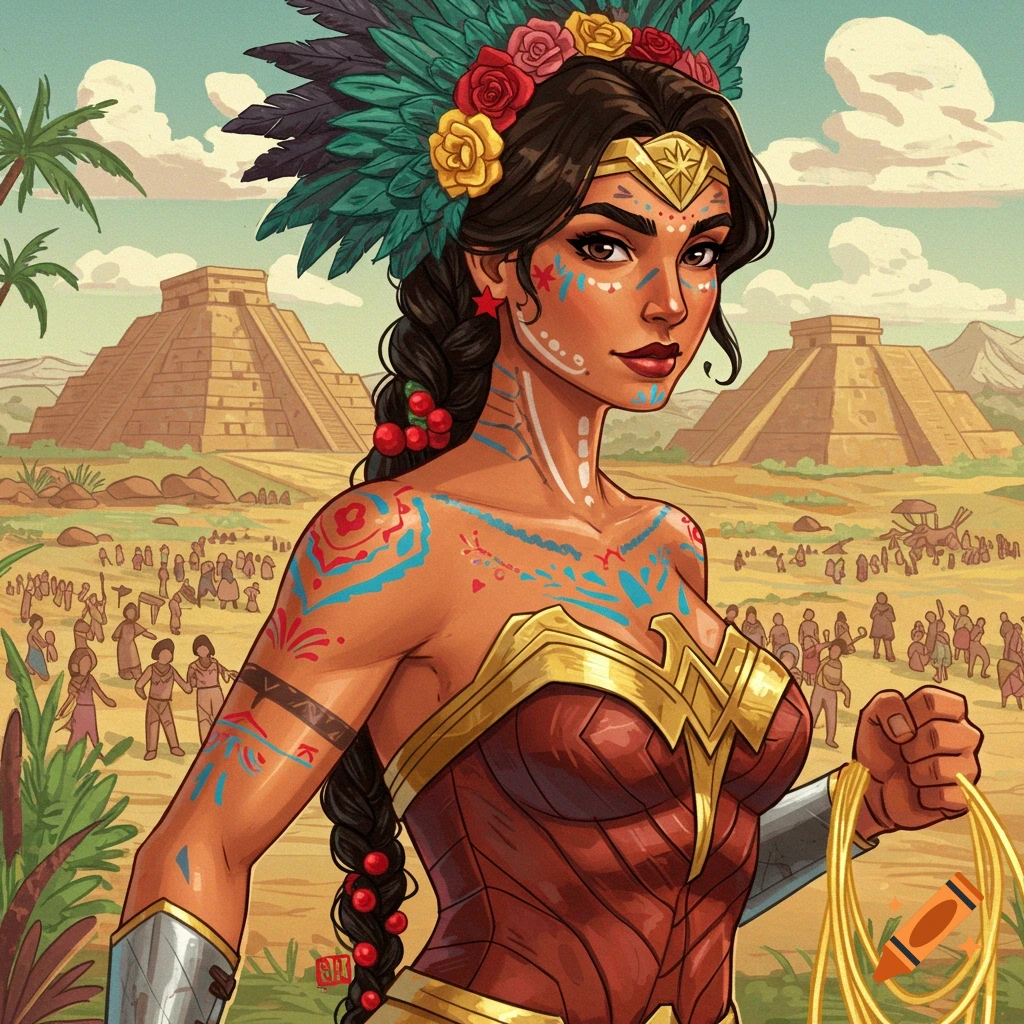 An illustrated Wonder Woman with a feathered headdress, flowers, and body paint, holding a lasso in front of ancient pyramids and a crowd.