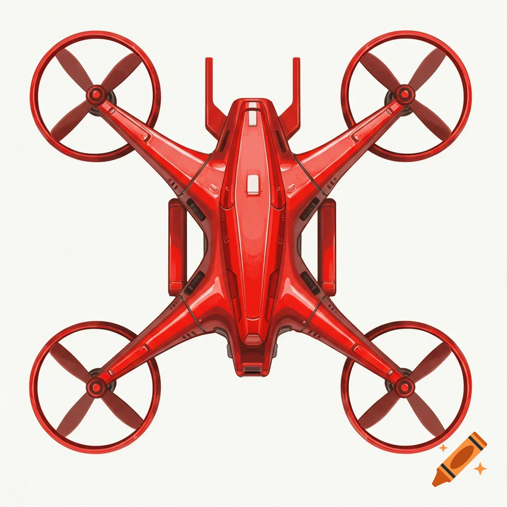 Top-down view of a sleek red drone with four propellers on a white background.