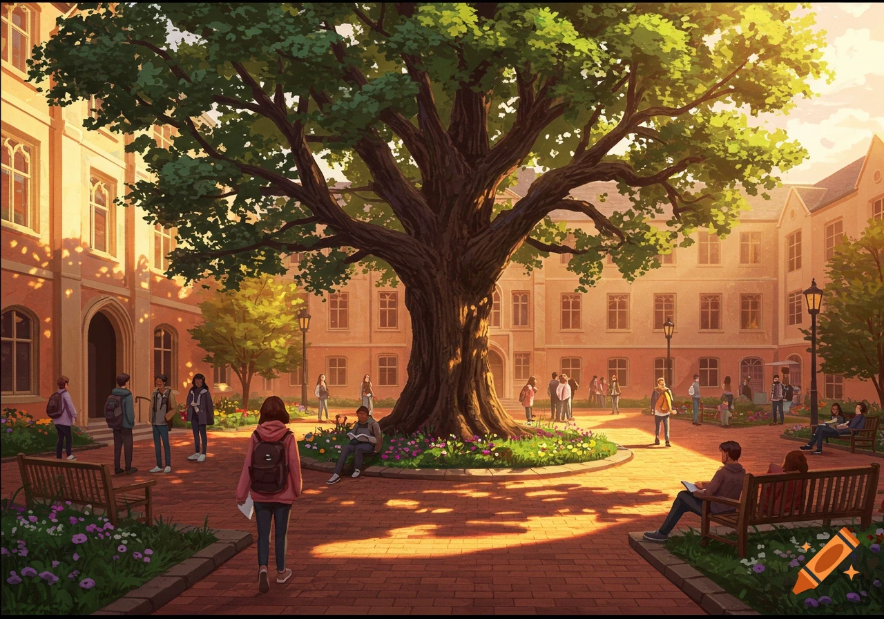 An illustration of a college courtyard on a sunny day, with a large tree in the center and students walking around or sitting on benches.
