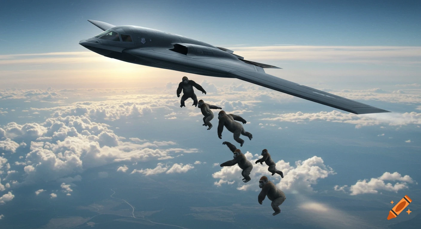 A hyperrealistic image of a B-2 Spirit stealth bomber flying above clouds, dropping several gorillas instead of bombs.