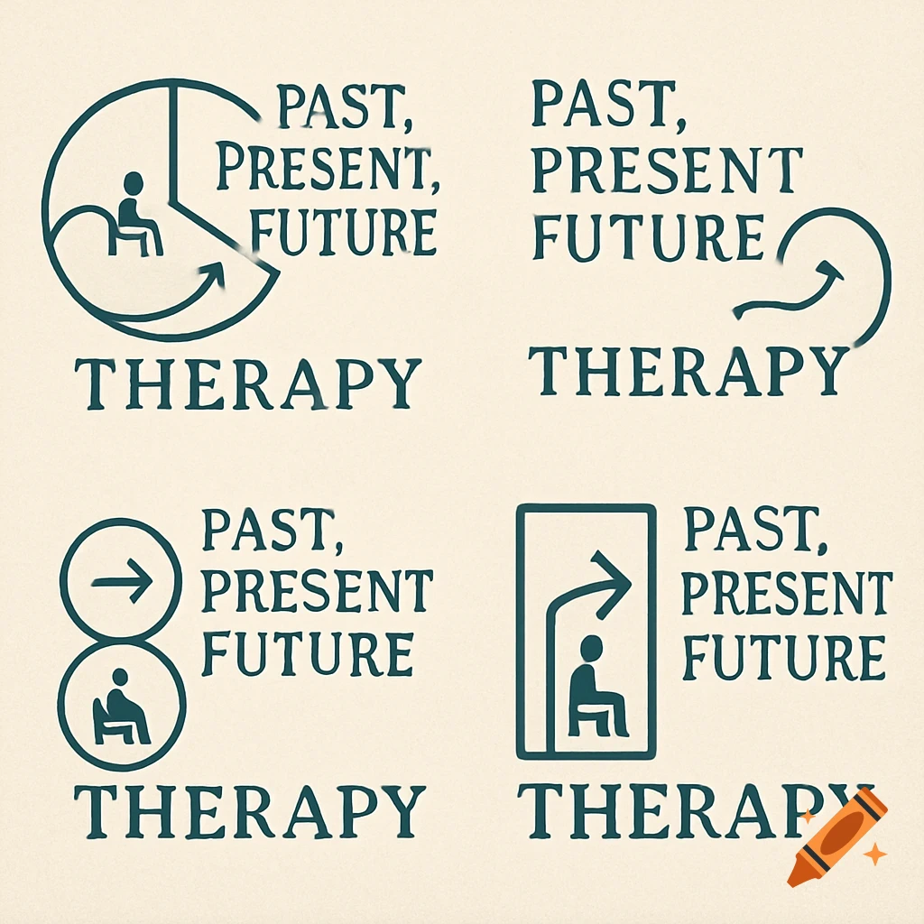 Four minimalist logo concepts for Past, Present, Future Therapy, featuring line art icons and text on a light background.