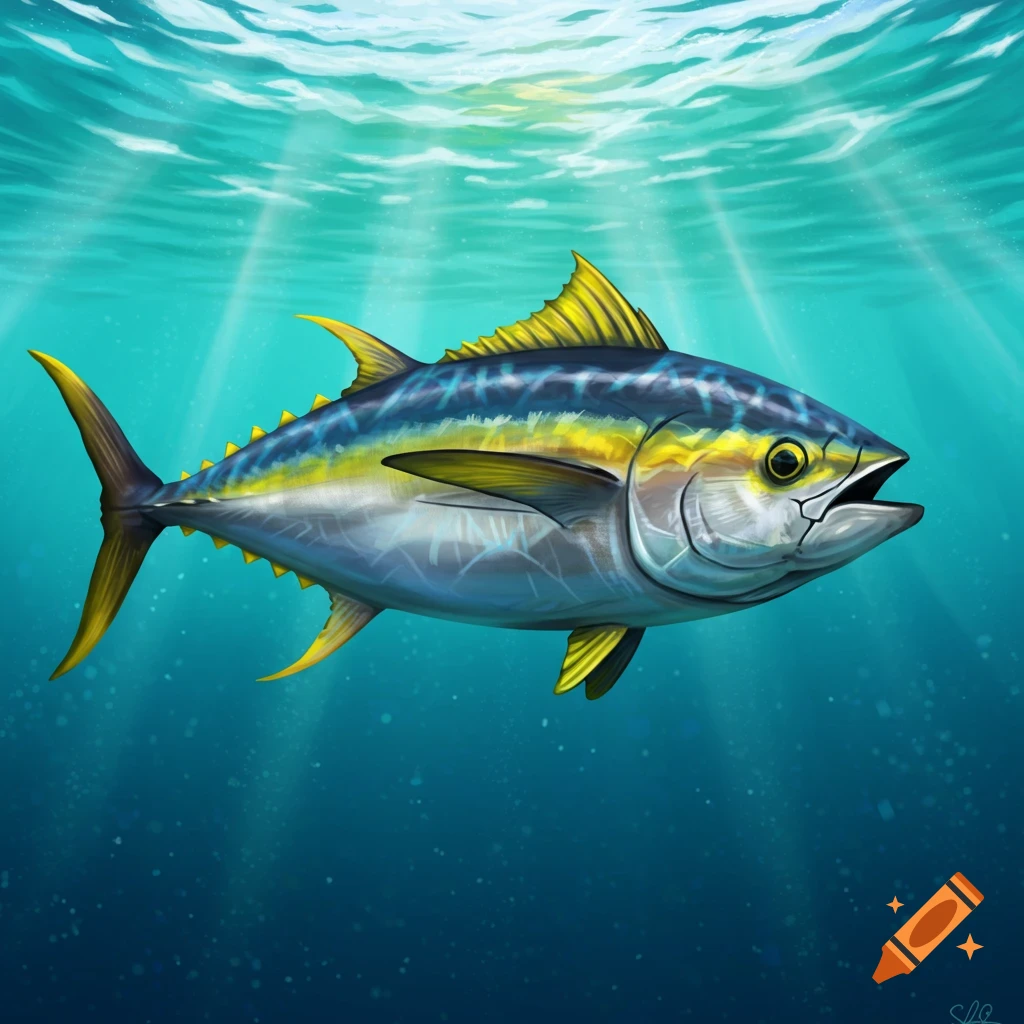 An illustrative yellowfin tuna swims in clear blue water with sun rays beaming from the surface.