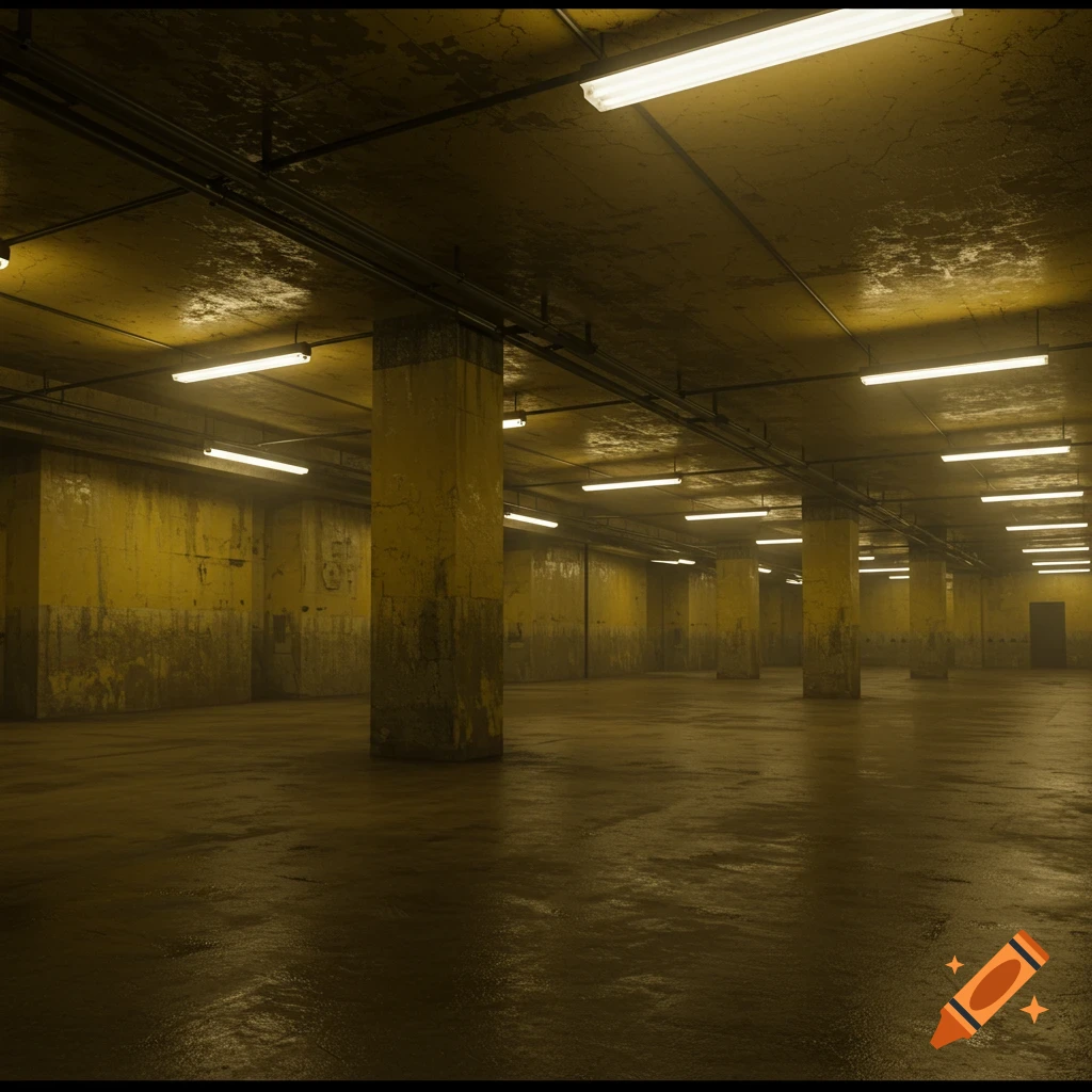 A dimly lit, empty, and eerie concrete parking garage or basement with yellow-stained pillars and flickering fluorescent lights, featuring wet floors.