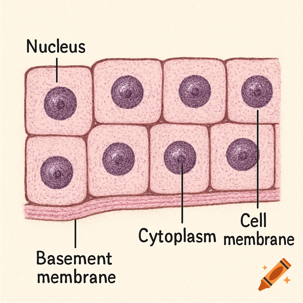 Illustration of simple cuboidal epithelium cells with labeled nucleus, cytoplasm, cell membrane, and basement membrane.
