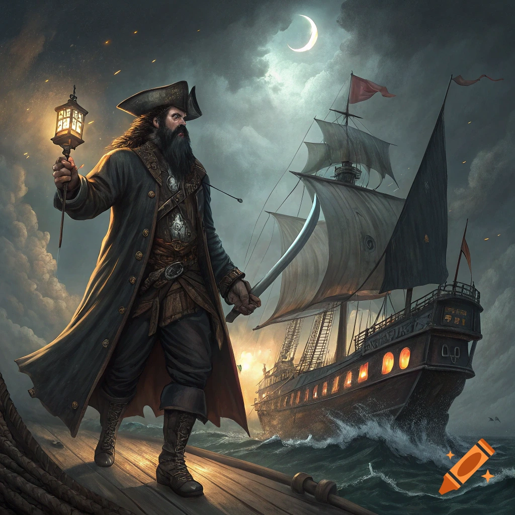 A bearded pirate holding a lantern and a cutlass stands on a ship's deck with his vessel behind him under a stormy moonlit sky.