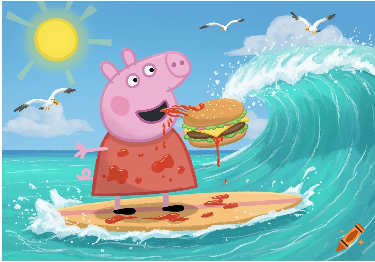 Cartoon Peppa Pig on a surfboard, riding a wave and messily eating a ketchup-covered cheeseburger under a sunny sky with seagulls.