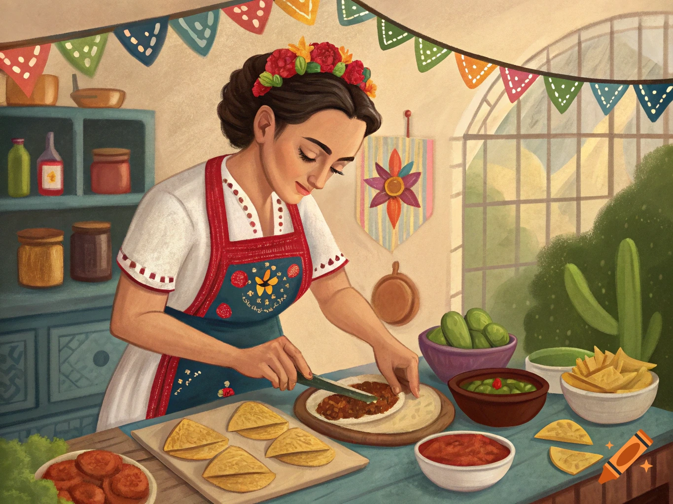 An illustration of a woman in traditional attire preparing tacos in a colorful kitchen decorated with festive flags.