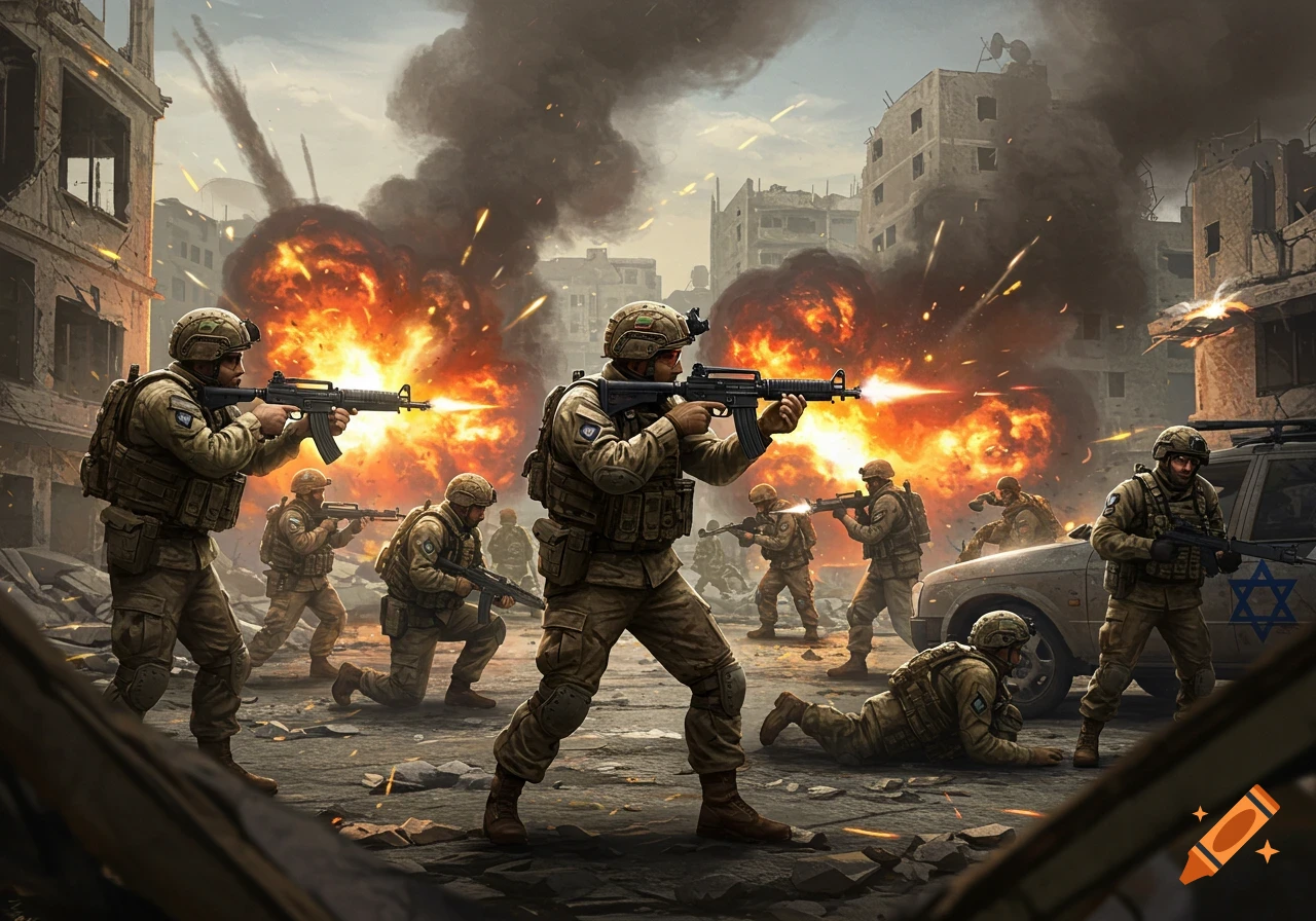 Soldiers in combat gear fire rifles amidst explosions and destroyed buildings in an urban warzone, with a vehicle marked with a Star of David.