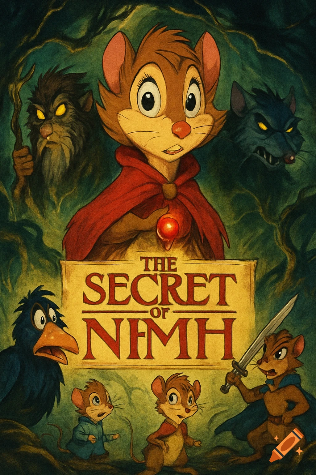 A stylized movie poster for "The Secret of NIMH" featuring a central mouse in a red cape, surrounded by other anthropomorphic animal characters, with the movie title prominently displayed.