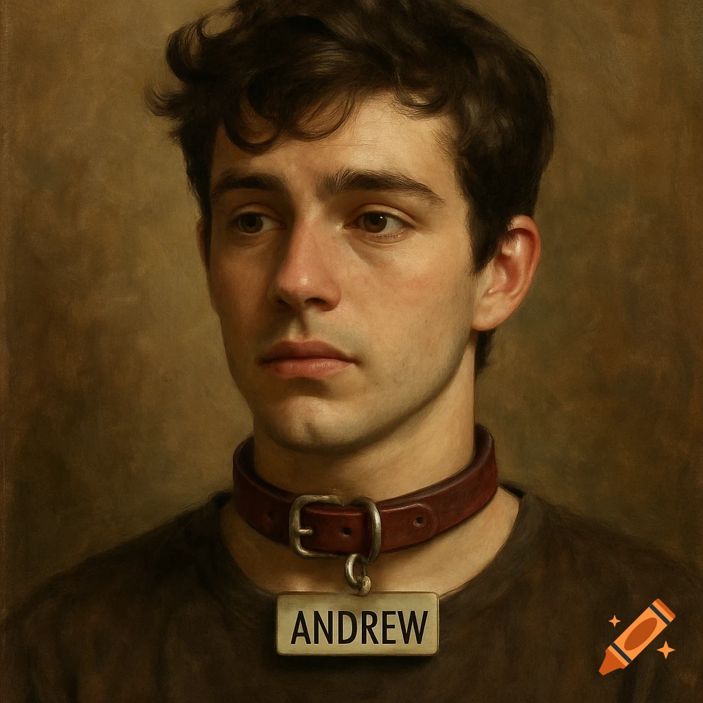 Portrait painting of a young man wearing a brown leather collar with an 'ANDREW' name tag.