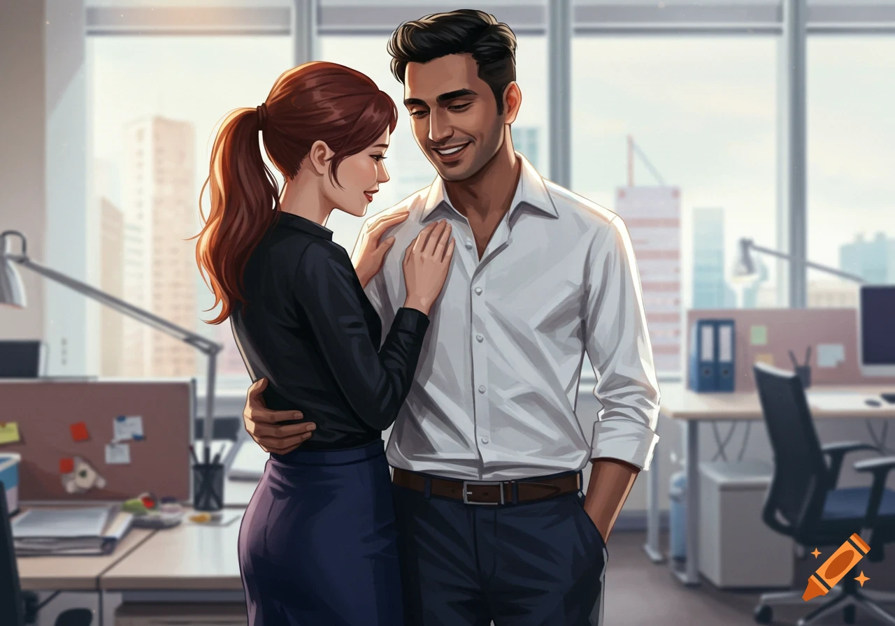 An illustration of a man and a woman embracing and smiling in an office setting, depicting an office romance.