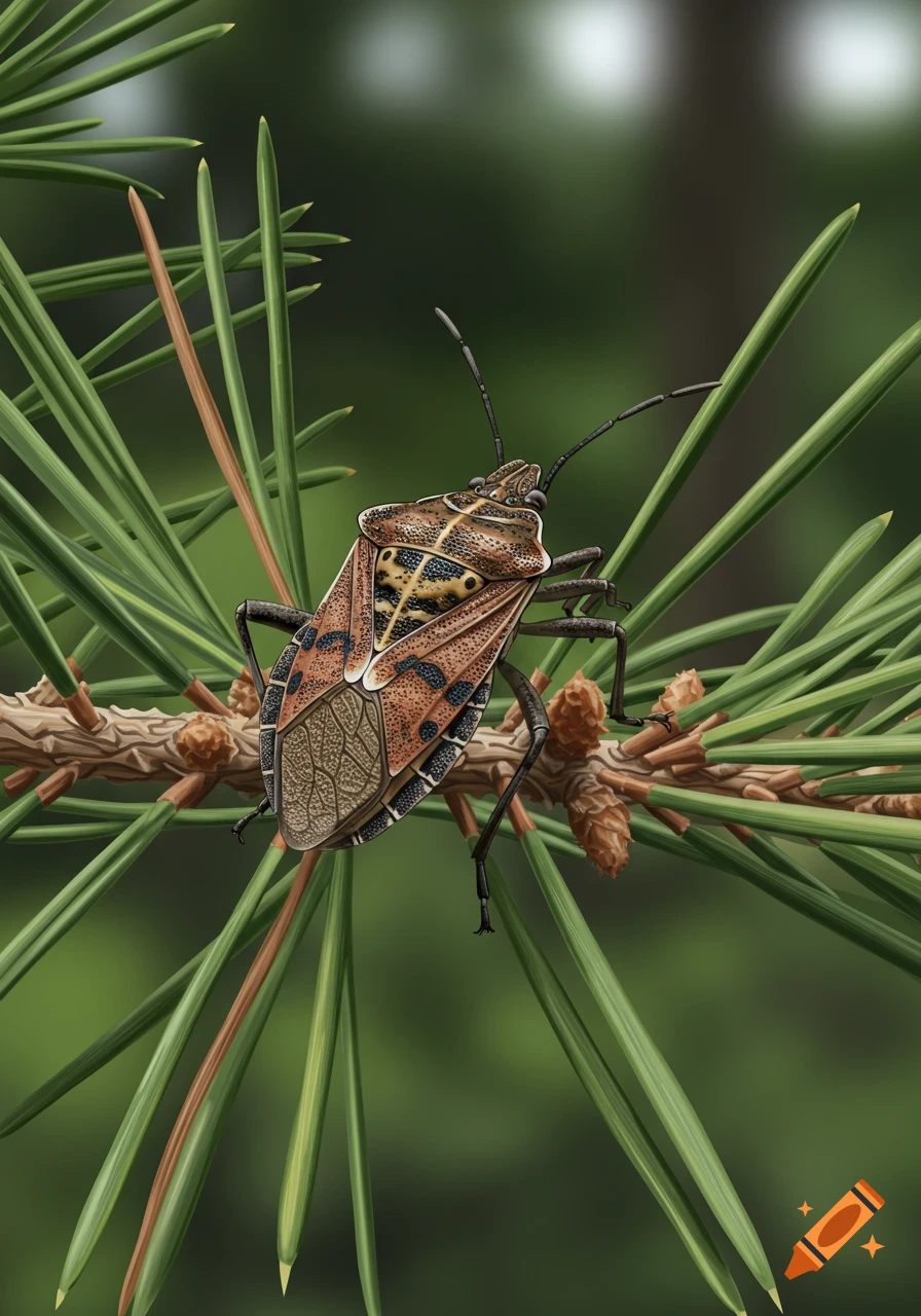 A close-up illustration of a Western Conifer Seed Bug on a pine branch with green needles.