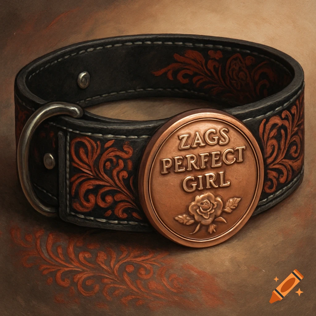 A black leather collar with ornate red designs and a rose gold medallion engraved with "ZAGS PERFECT GIRL" and a rose.
