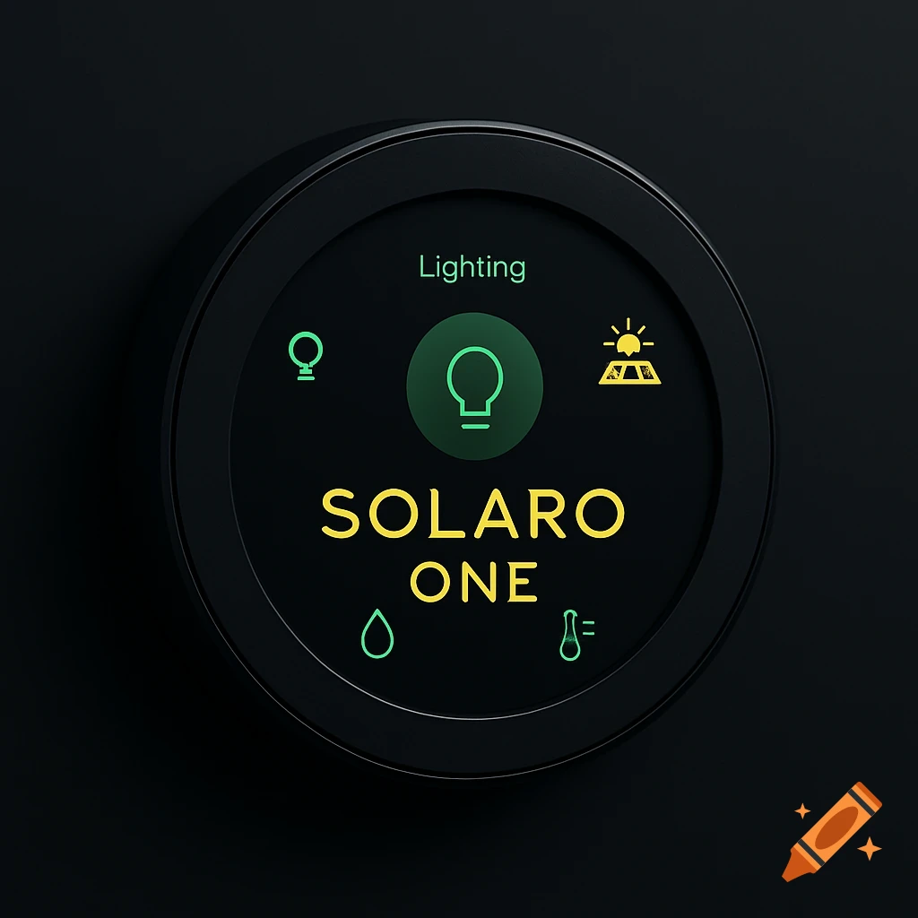 A sleek, modern black circular smart home device with a glowing touchscreen display showing 'SOLARO ONE' and icons for lighting, solar, water, and climate control.