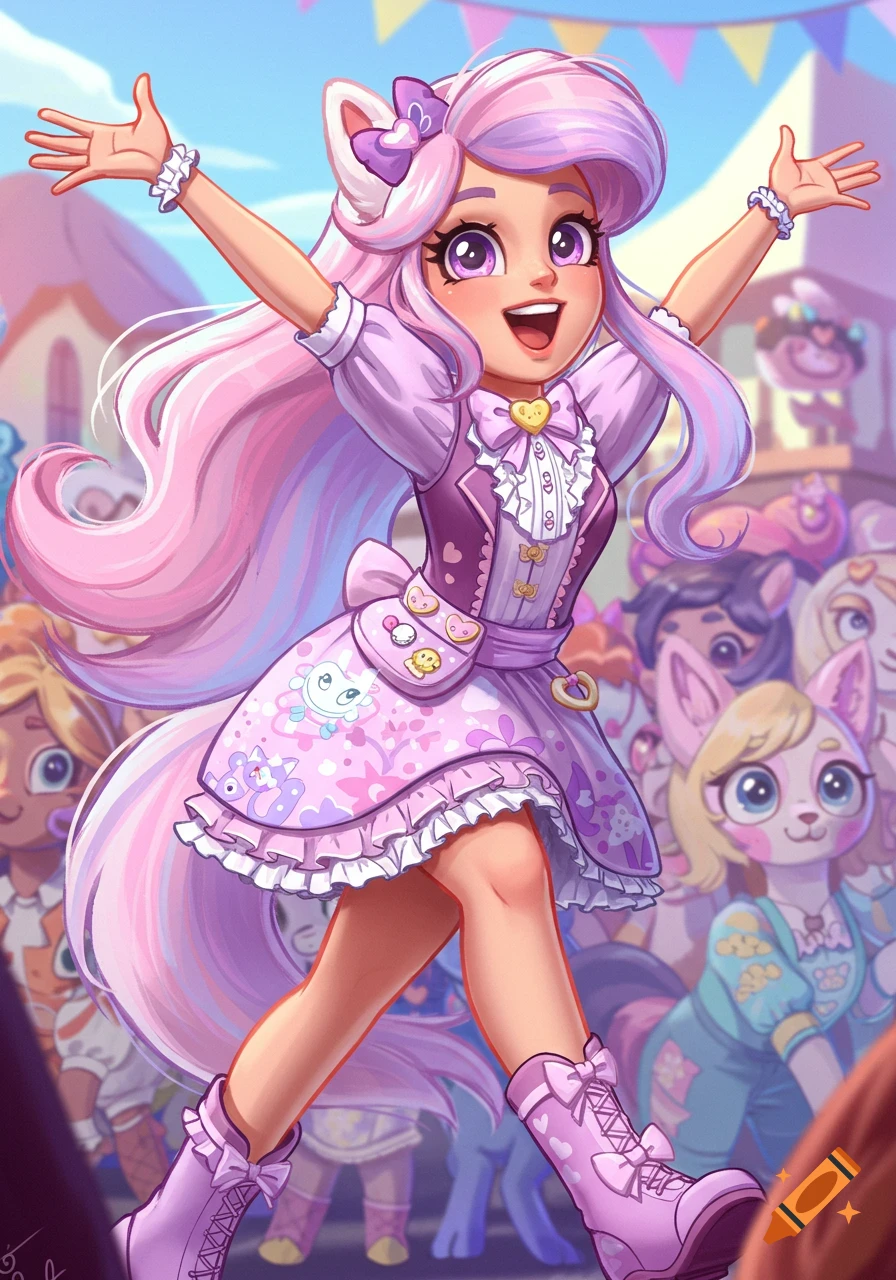A vibrant cartoon illustration of a happy girl with pink and purple hair and ears, wearing a frilly purple dress, walking in a parade.