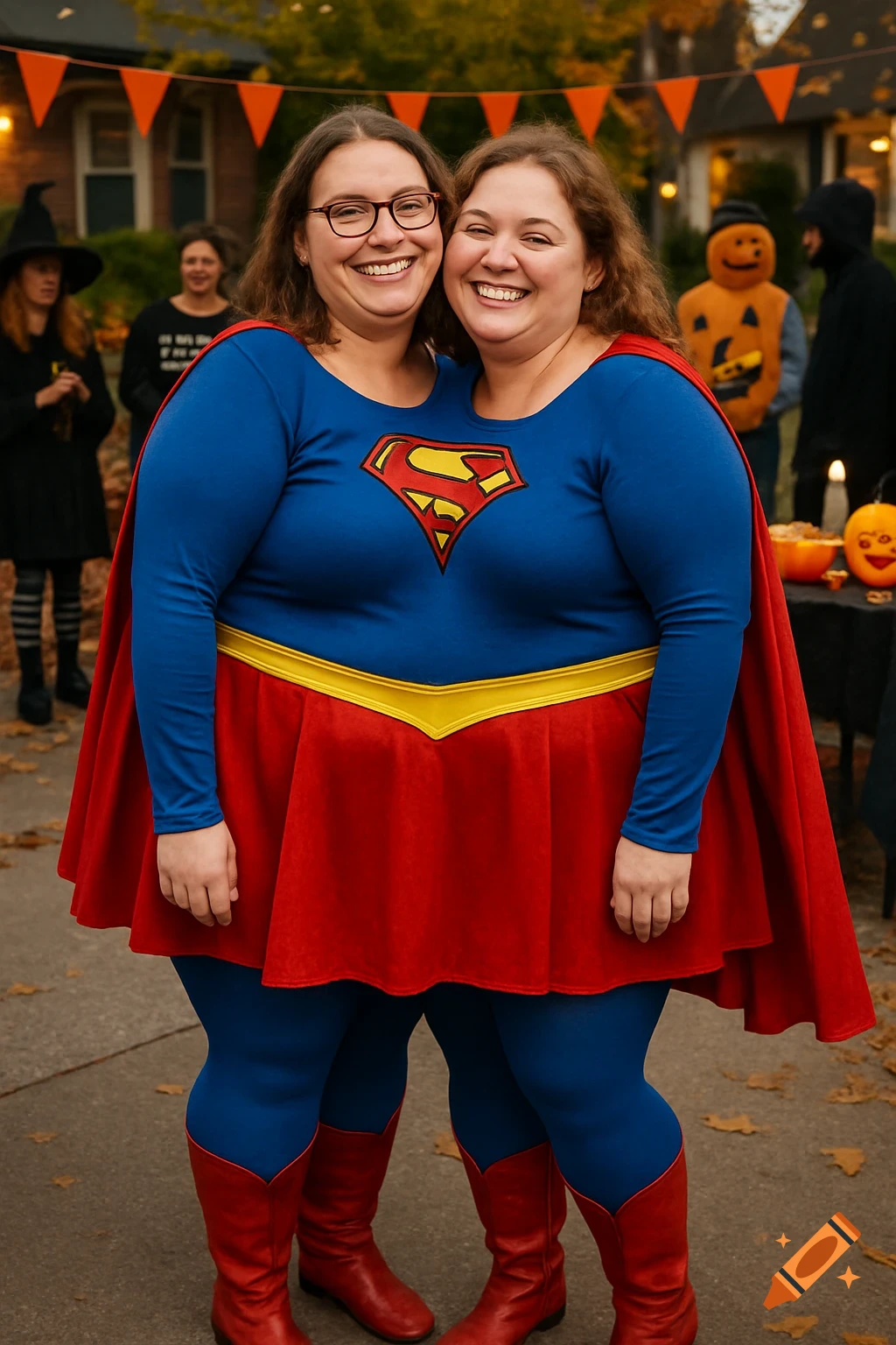 Two women sharing a Supergirl costume, creating a two-headed illusion, at an outdoor Halloween party.