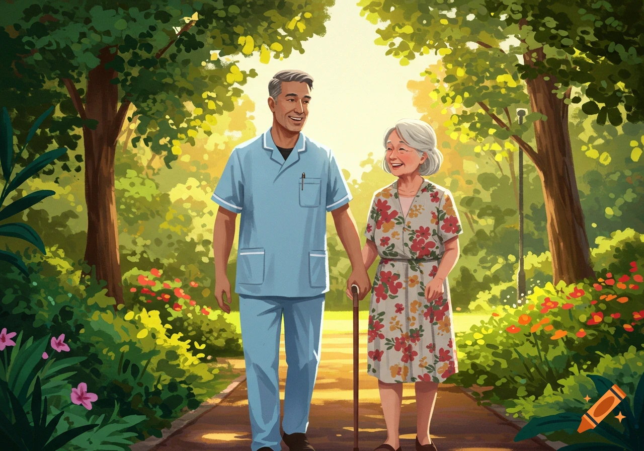An illustration of a smiling male care worker and an elderly woman with a walking stick strolling through a bright, green park.