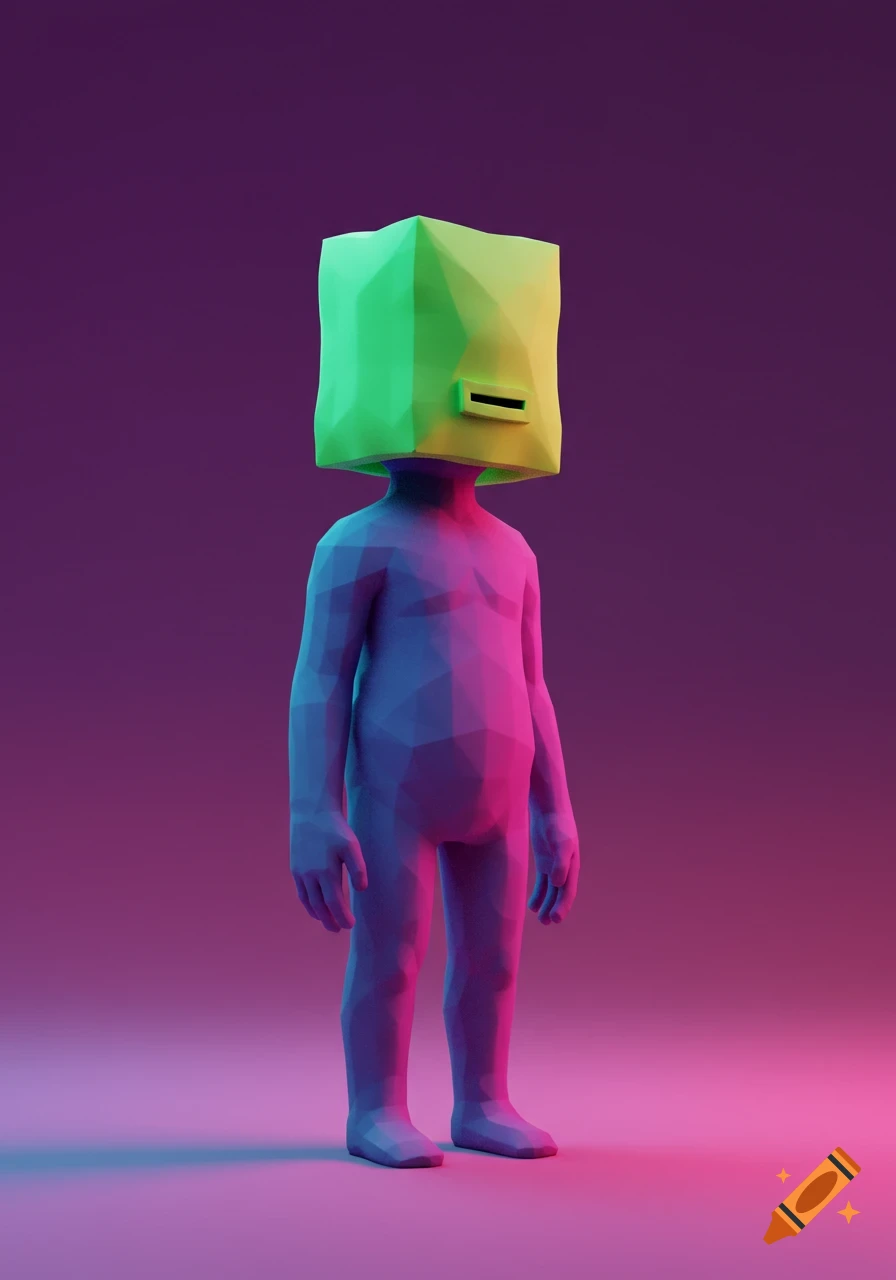 A low-poly humanoid figure with a green and yellow polygonal bag on its head, rendered in vibrant purple and pink lighting.