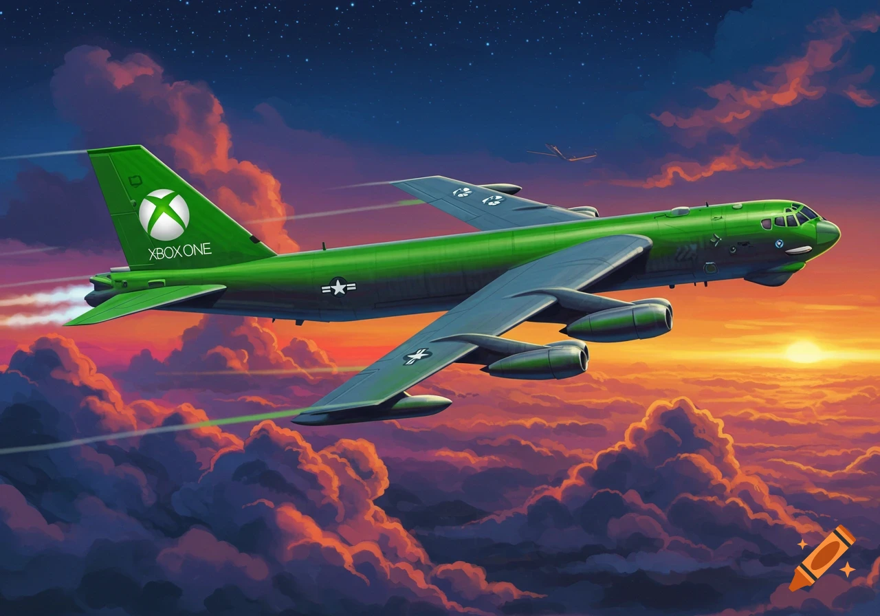 A vibrant green B-52 bomber featuring Xbox branding flies through a sunset sky with orange clouds and visible stars.
