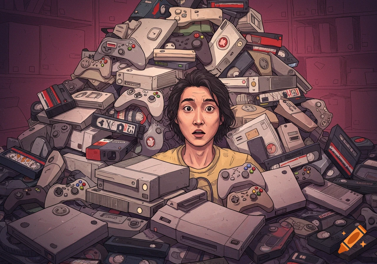An overwhelmed person is buried under a large pile of vintage video game consoles, controllers, and VHS tapes in a detailed, cartoonish art style.