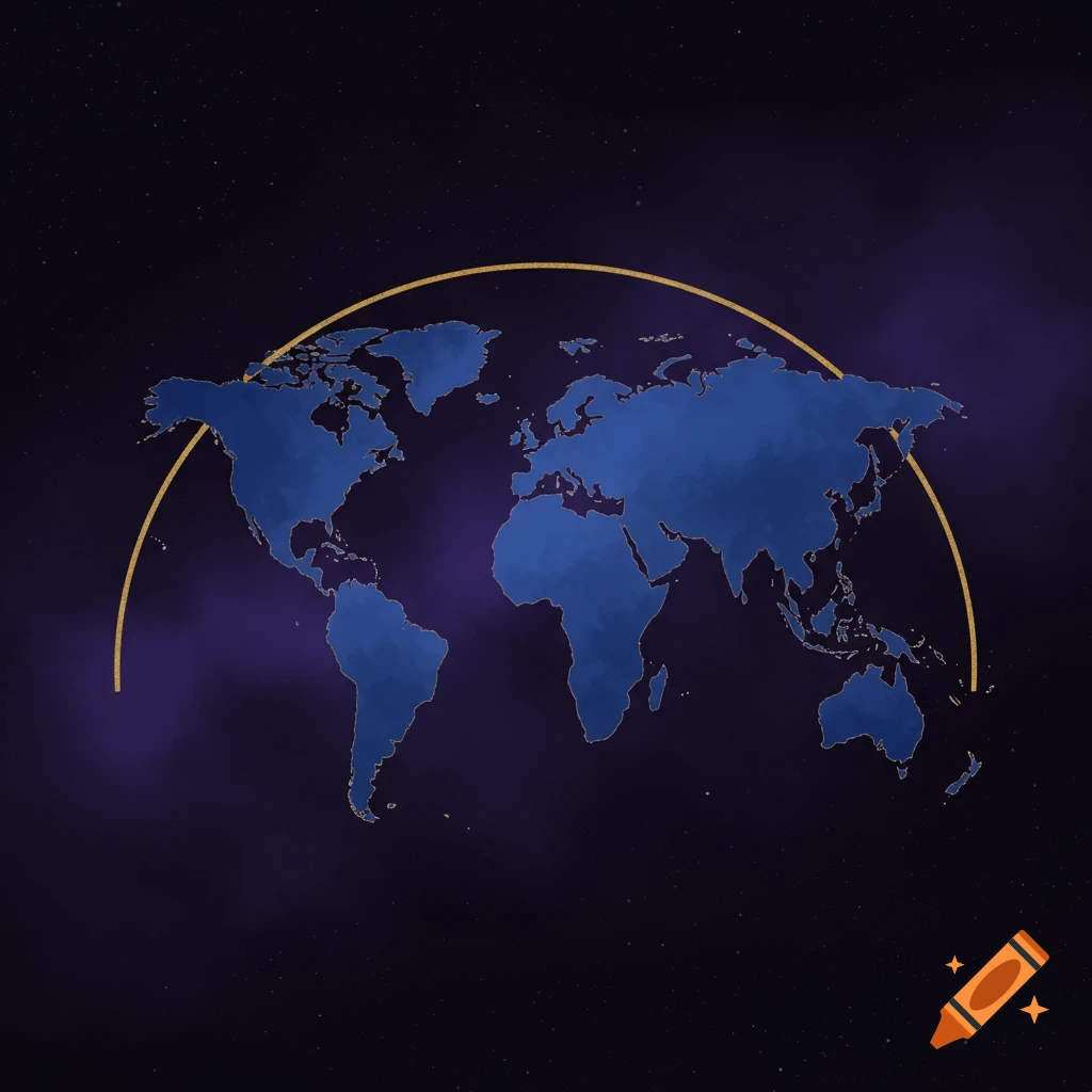 A blue world map silhouette with a golden outline against a starry, dark cosmic background, partially framed by a golden arch.