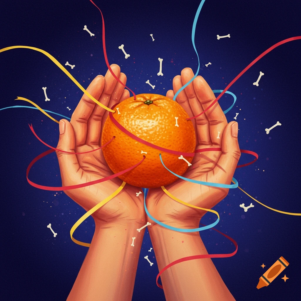 Two open hands hold a bright orange, with colorful ribbons and small bones floating around on a dark blue background.
