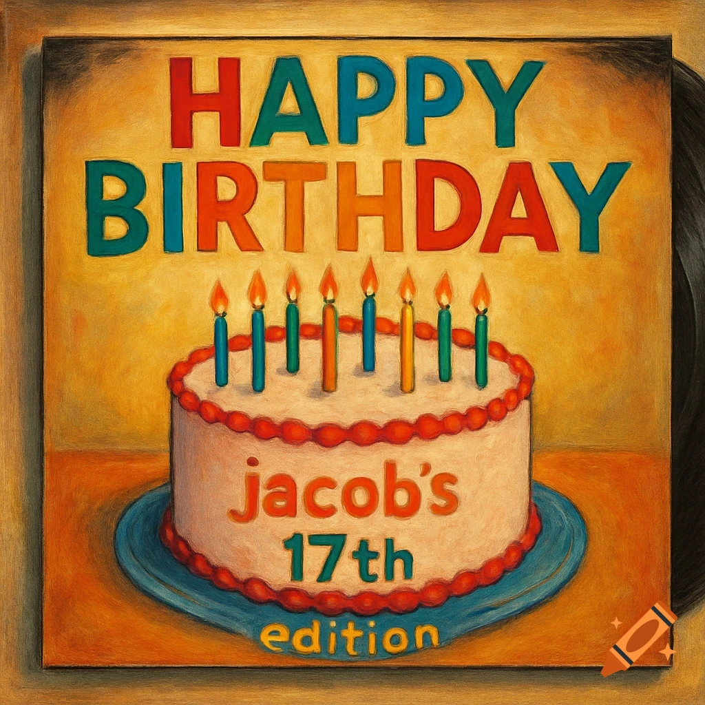 A painted-style birthday album cover featuring a cake with candles and text that reads 'HAPPY BIRTHDAY jacob's 17th edition'.