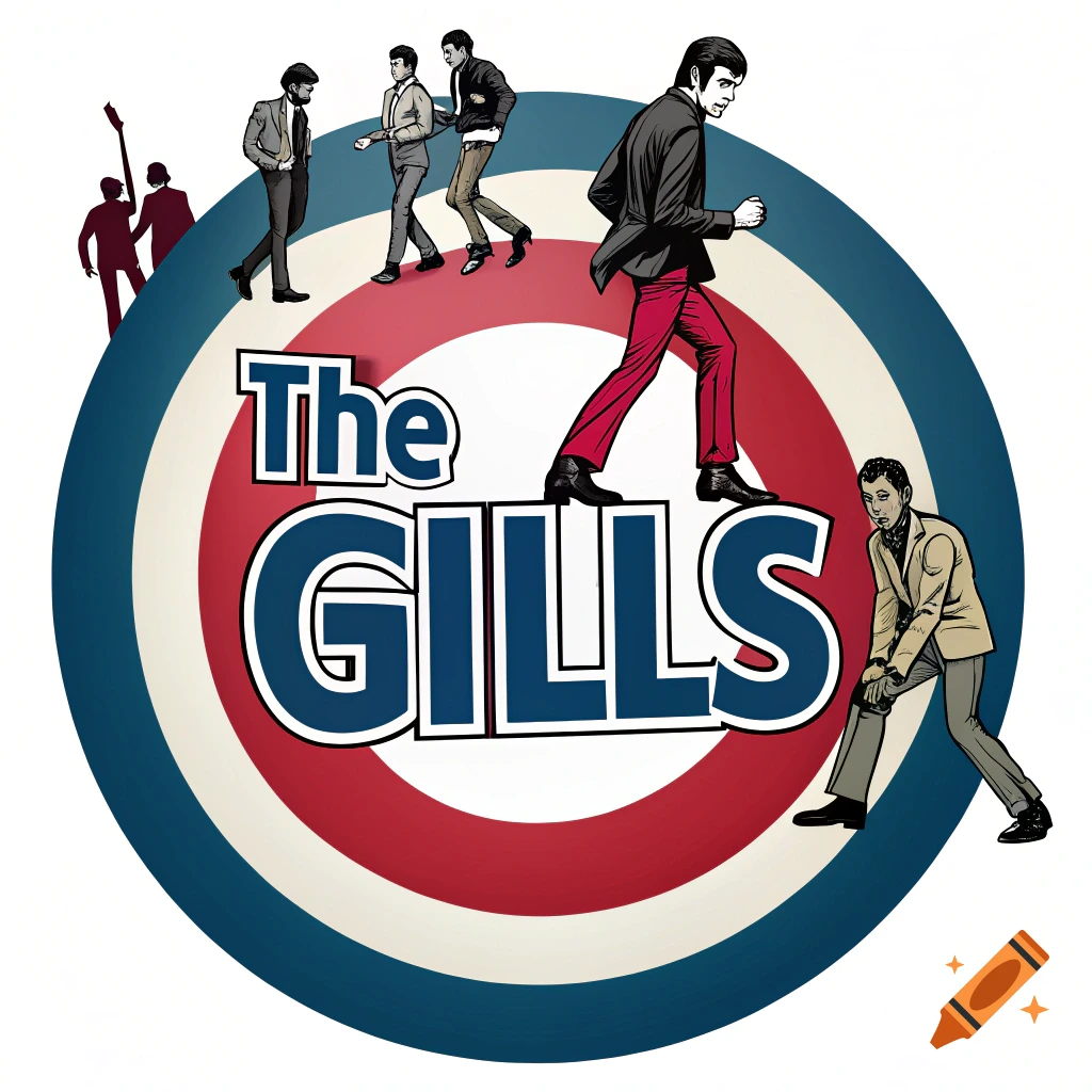Stylized image of men in suits walking on a red, white, and blue target logo with 'The GILLS' text.