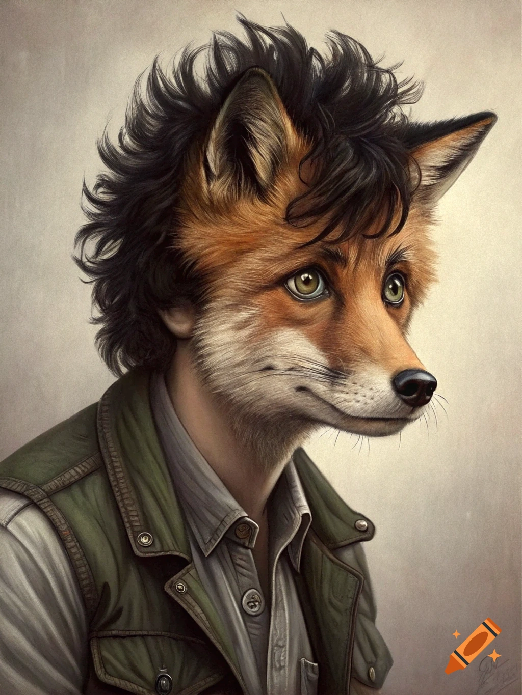 A detailed portrait of an anthropomorphic fox with a human-like hairstyle, wearing a collared shirt and olive-green vest.