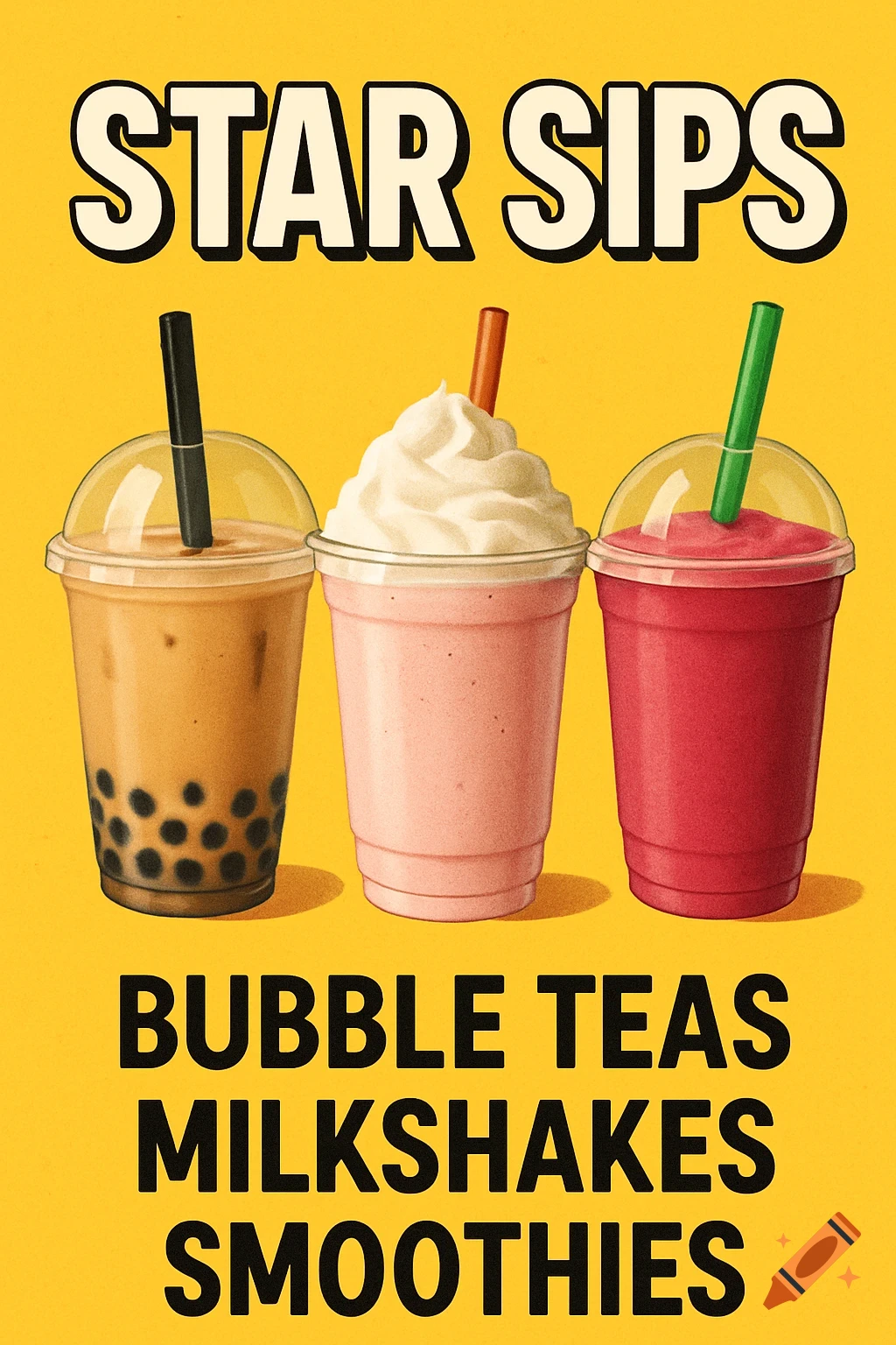 A retro-style poster for "STAR SIPS" featuring bubble tea, milkshake with whipped cream, and a smoothie on a bright yellow background.