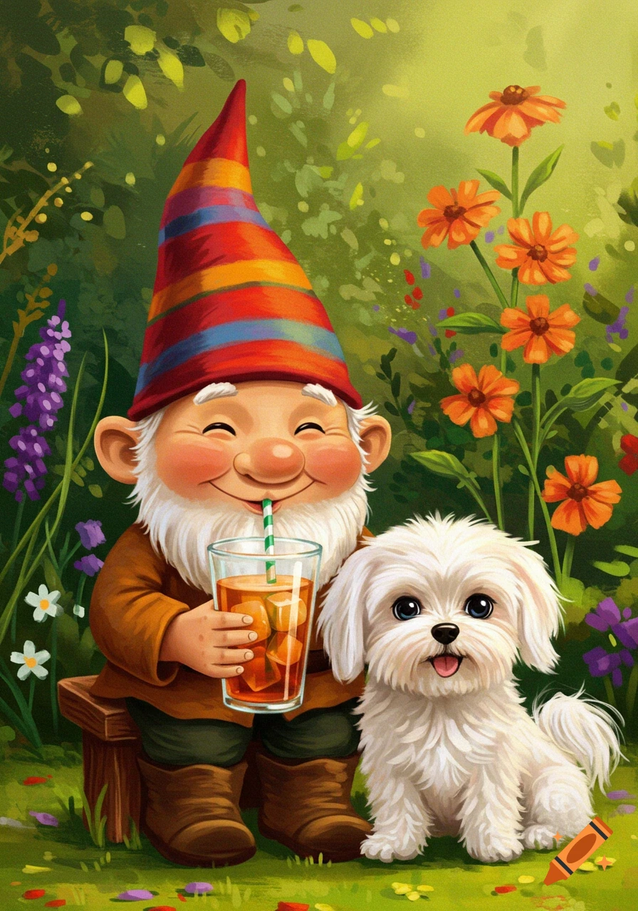 A happy garden gnome with a striped hat drinks iced tea next to a fluffy white Maltese dog in a vibrant, colorful garden.