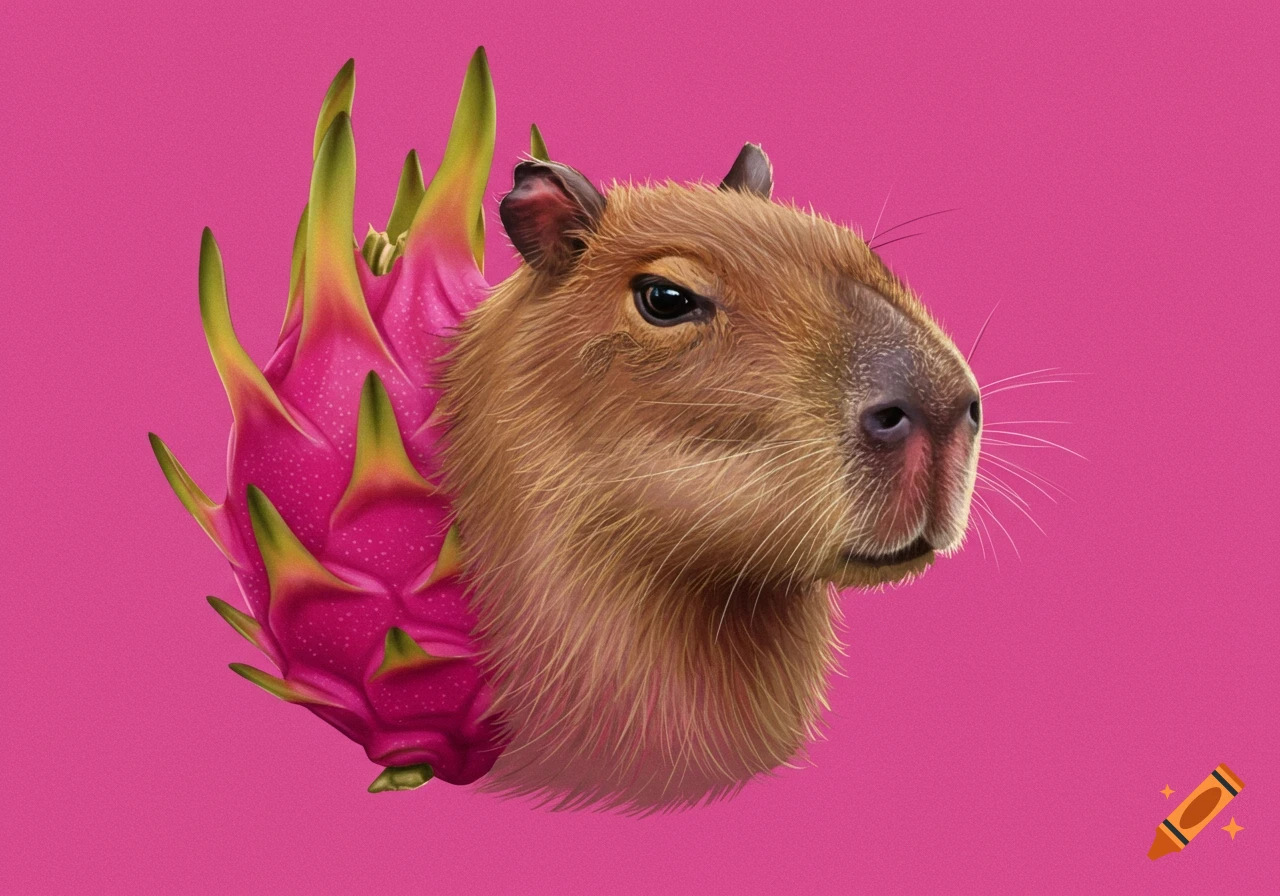 A capybara head emerging from a vibrant pink dragonfruit, set against a solid pink background, in a detailed digital art style.
