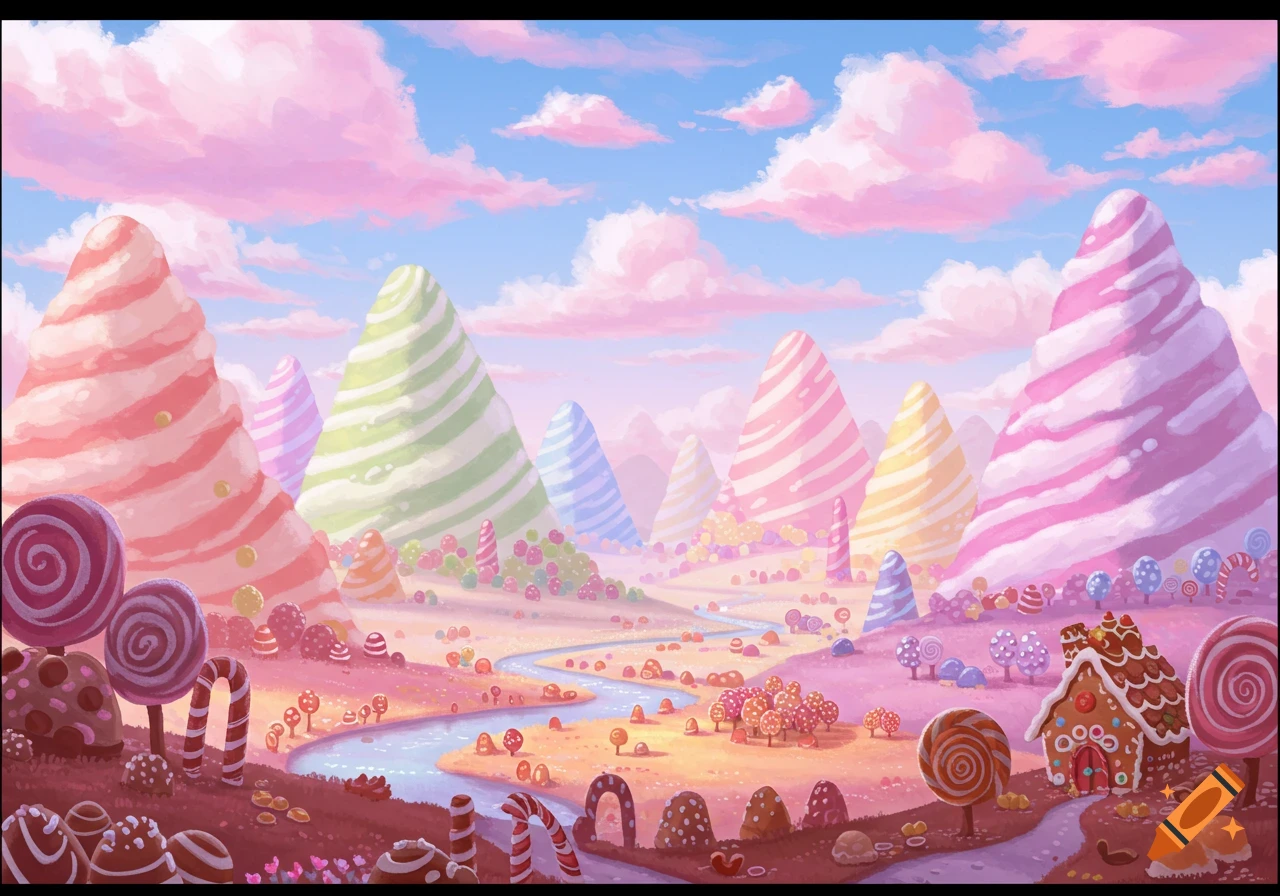 A whimsical and colorful fantasy landscape featuring mountains made of candy, a gingerbread house, and a winding river under a pink sky.