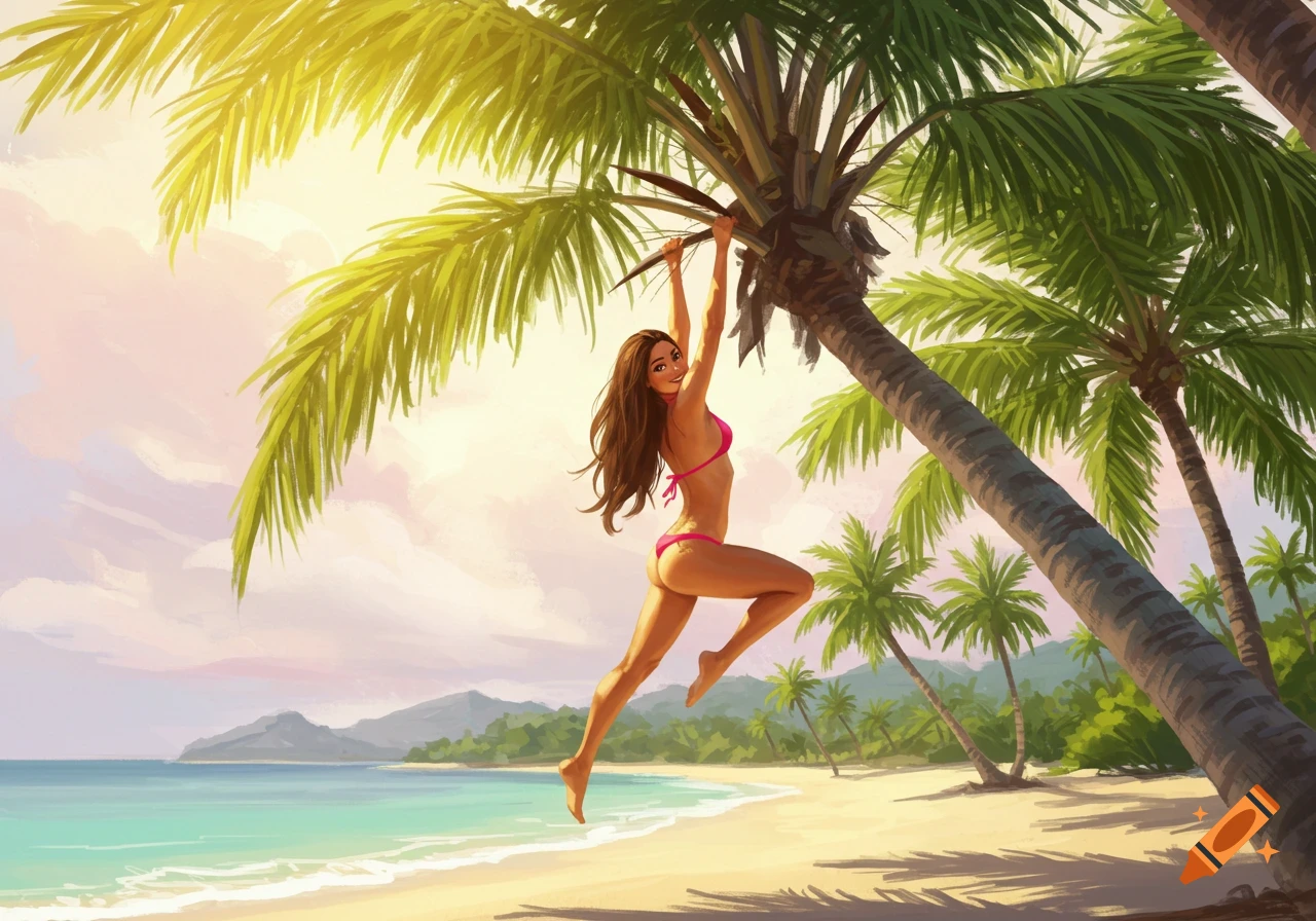 A woman in a pink bikini hangs from a palm tree on a tropical beach with ocean and mountains in a painterly style.