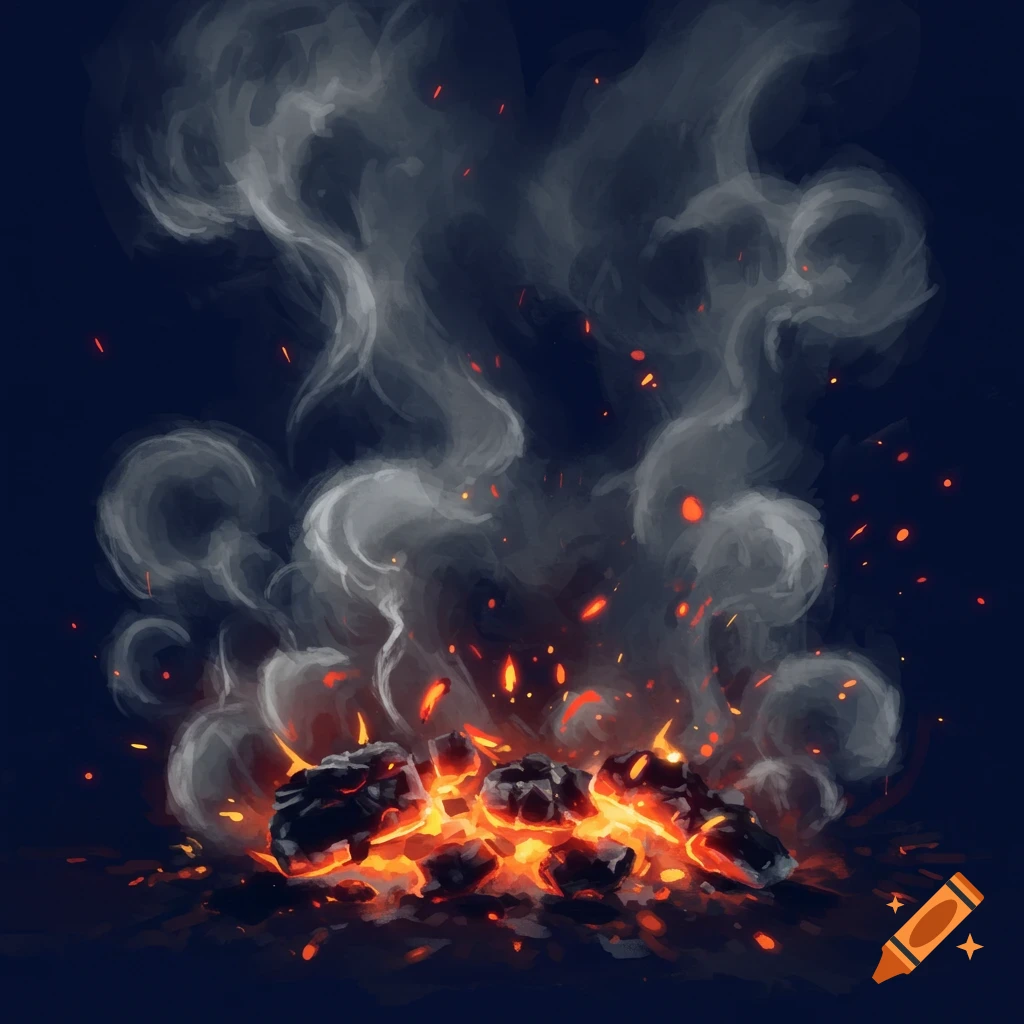Glowing orange and red embers emit swirling gray smoke against a dark background in a painterly style.