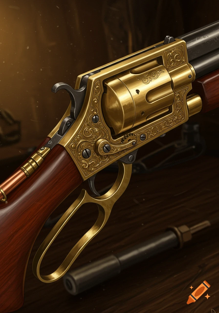 A detailed close-up of an ornate gold and wood steampunk lever-action rifle with a revolver cylinder.