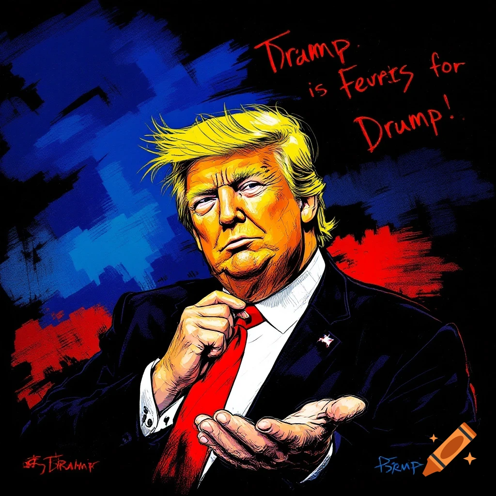 A colorful, stylized caricature of Donald Trump in a suit and red tie against a black and blue background, with red text in the top right.