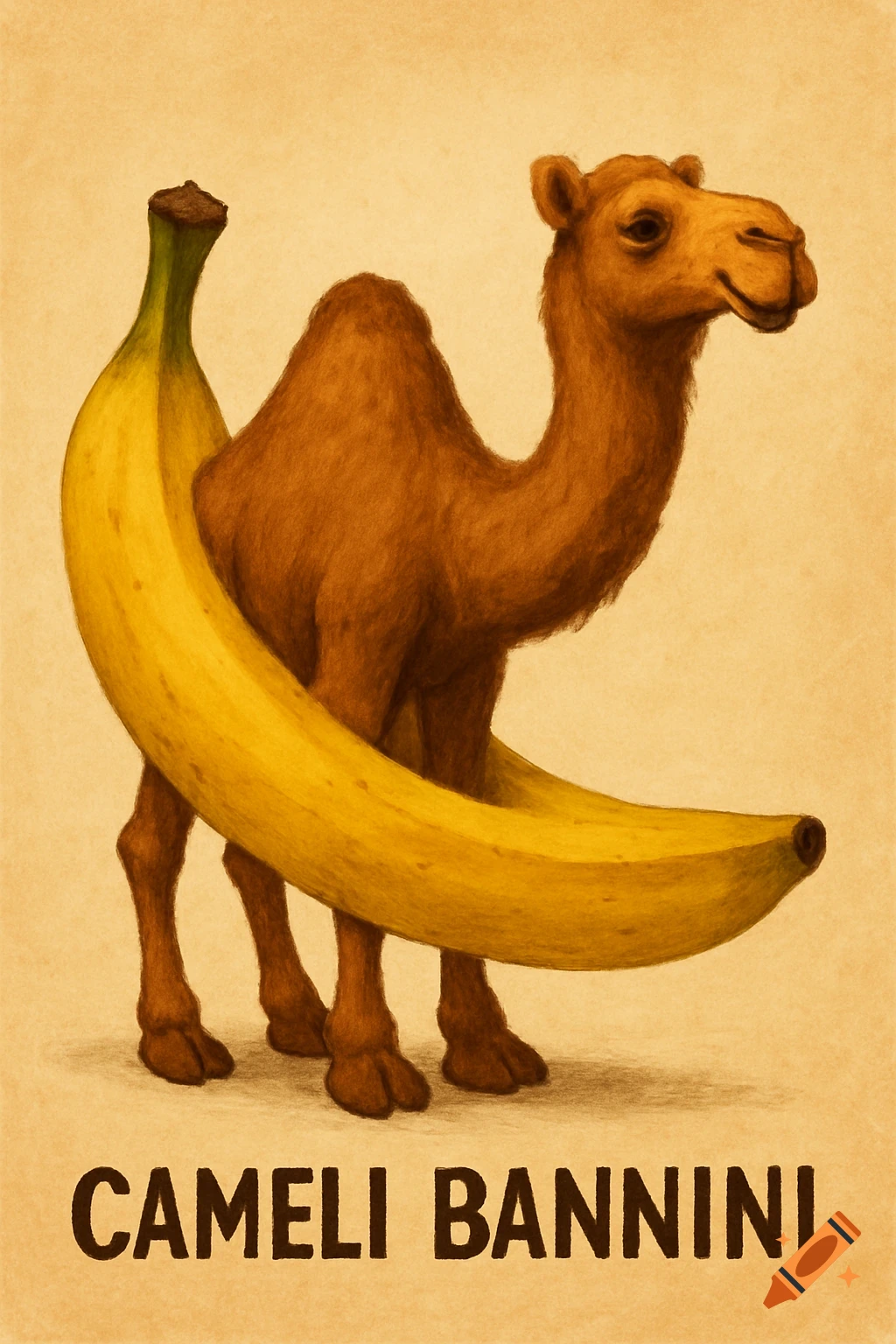 Stylized illustration of a camel with a banana wrapped around its body, on a light brown background. Text reads 'CAMELI BANNINI'.