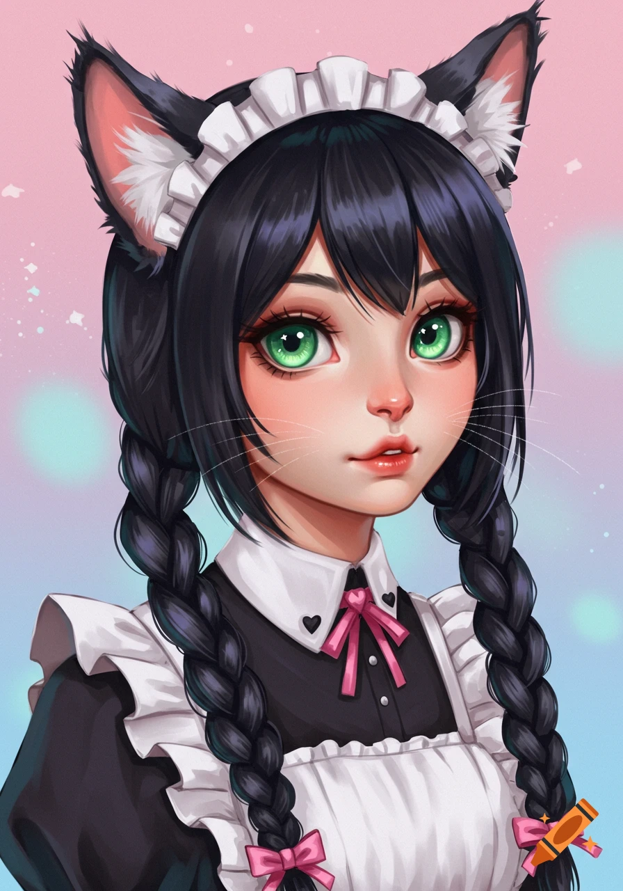 Digital art portrait of a black-haired anime catgirl with green eyes and a maid outfit.