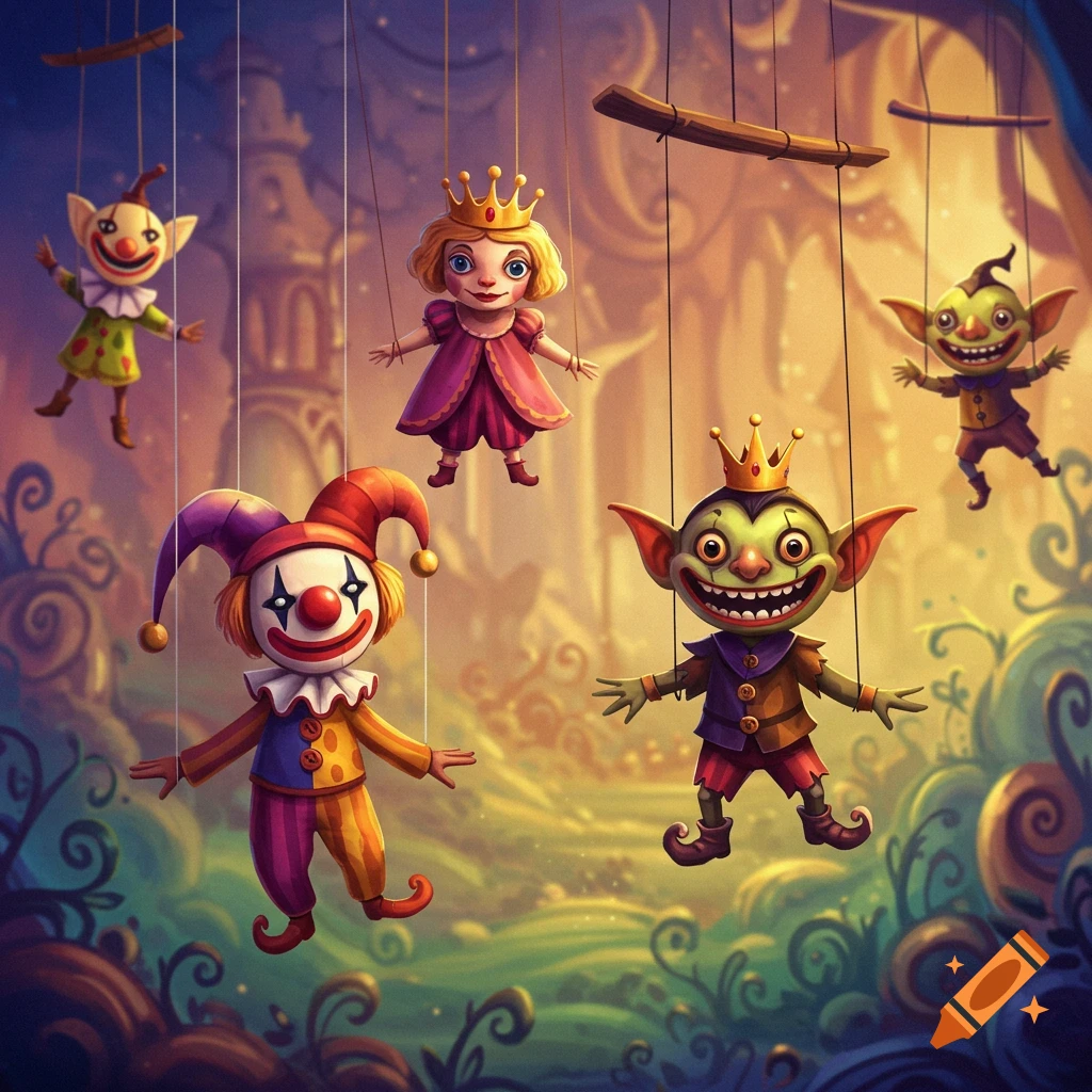 Five colorful, whimsical puppet characters, including a clown, a princess, and goblins, hang from strings in a fantasy forest.