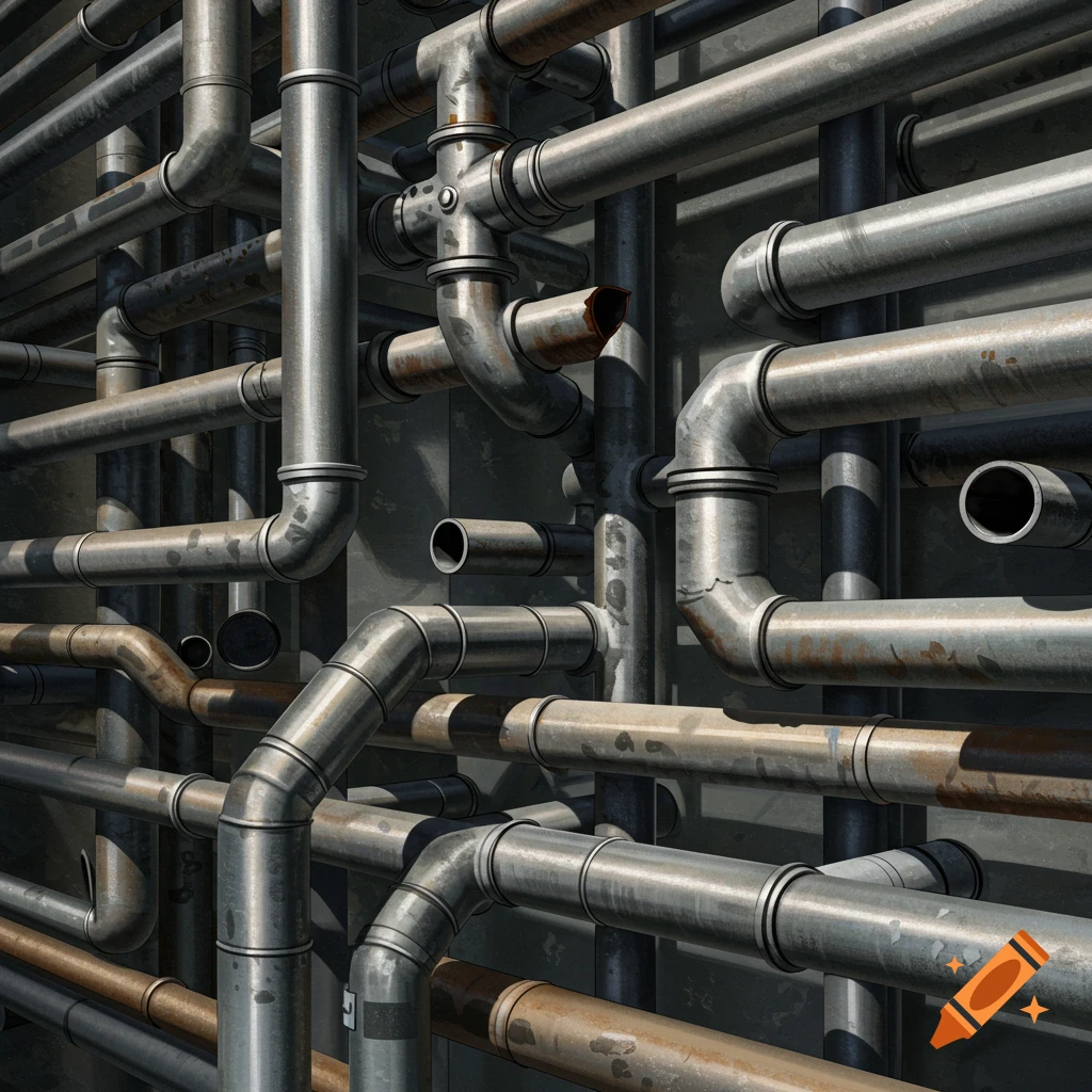 Close-up of a dense network of weathered and rusty metal pipes on an industrial wall.