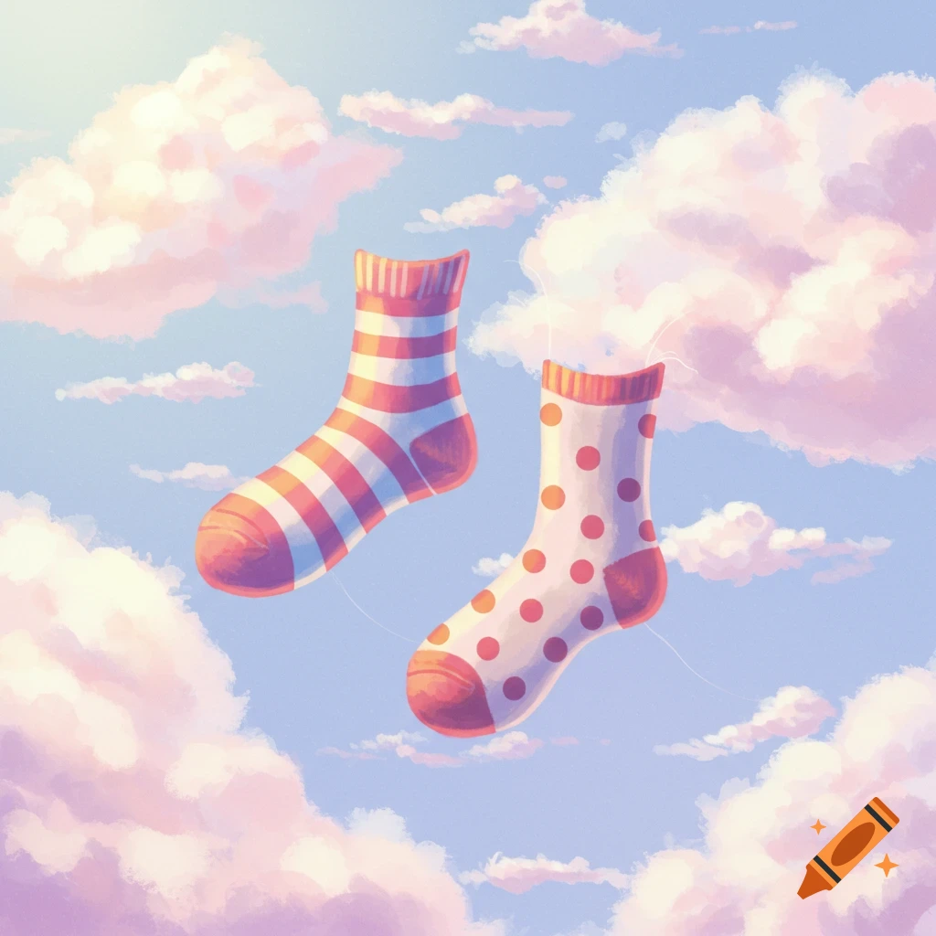 A pair of colorful socks, one striped and one polka-dotted, float among pink and white clouds in a bright blue sky.