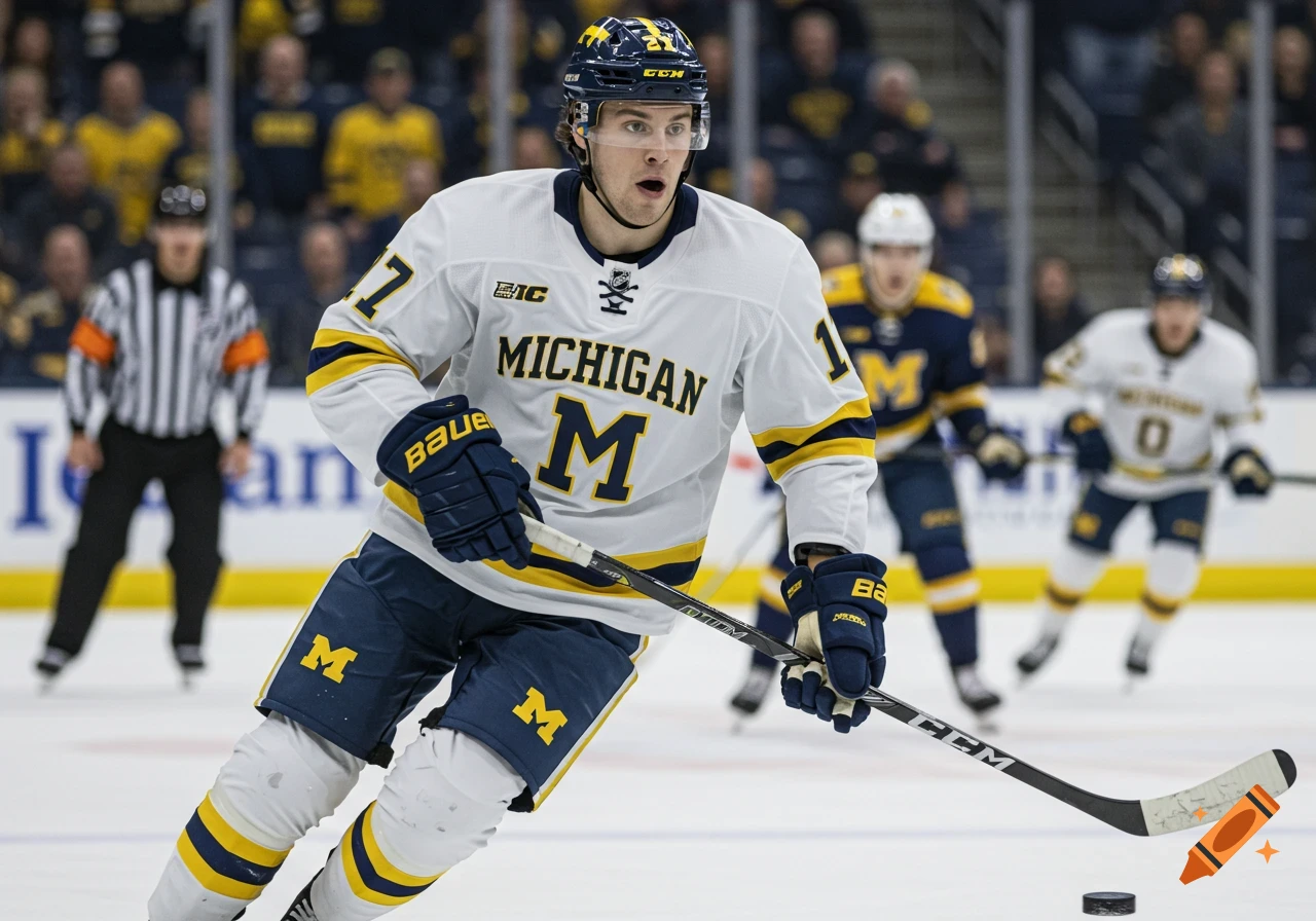 A hockey player in a white and blue Michigan Wolverines jersey skates on the ice with a puck.